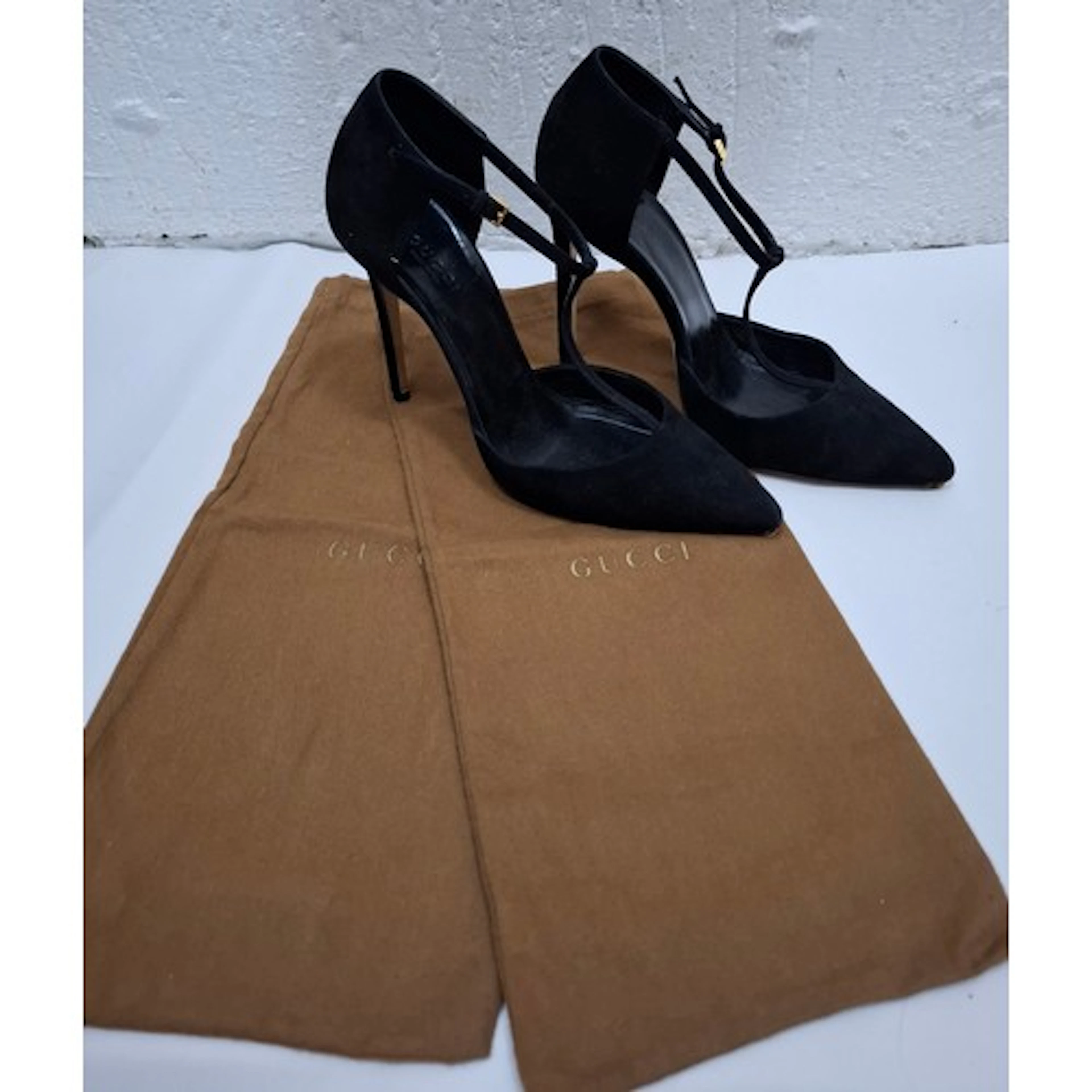 Gucci- A pair of ladies black suede 4'' high heel stiletto s...