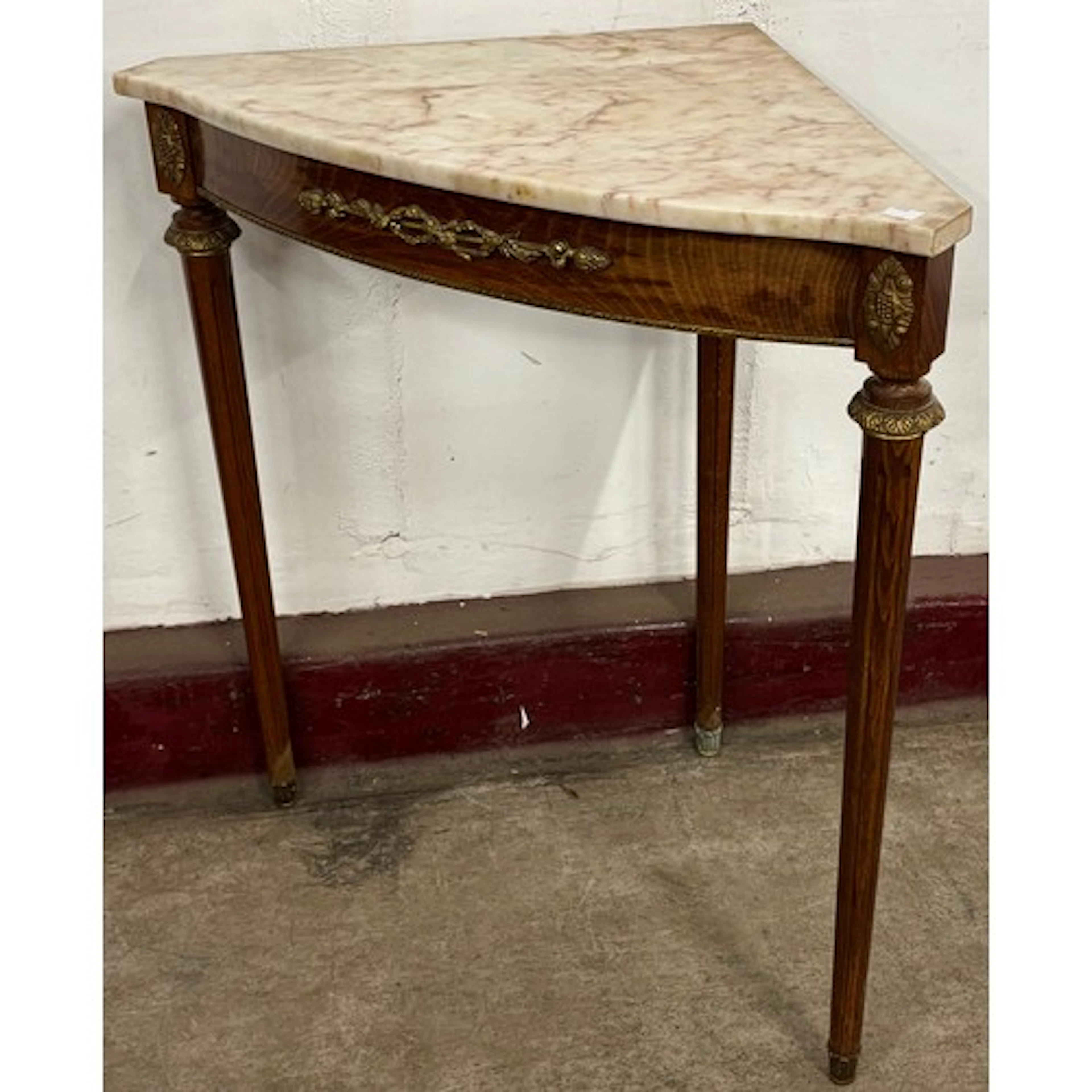 A French Louis XV style walnut, gilt metal and marble topped...