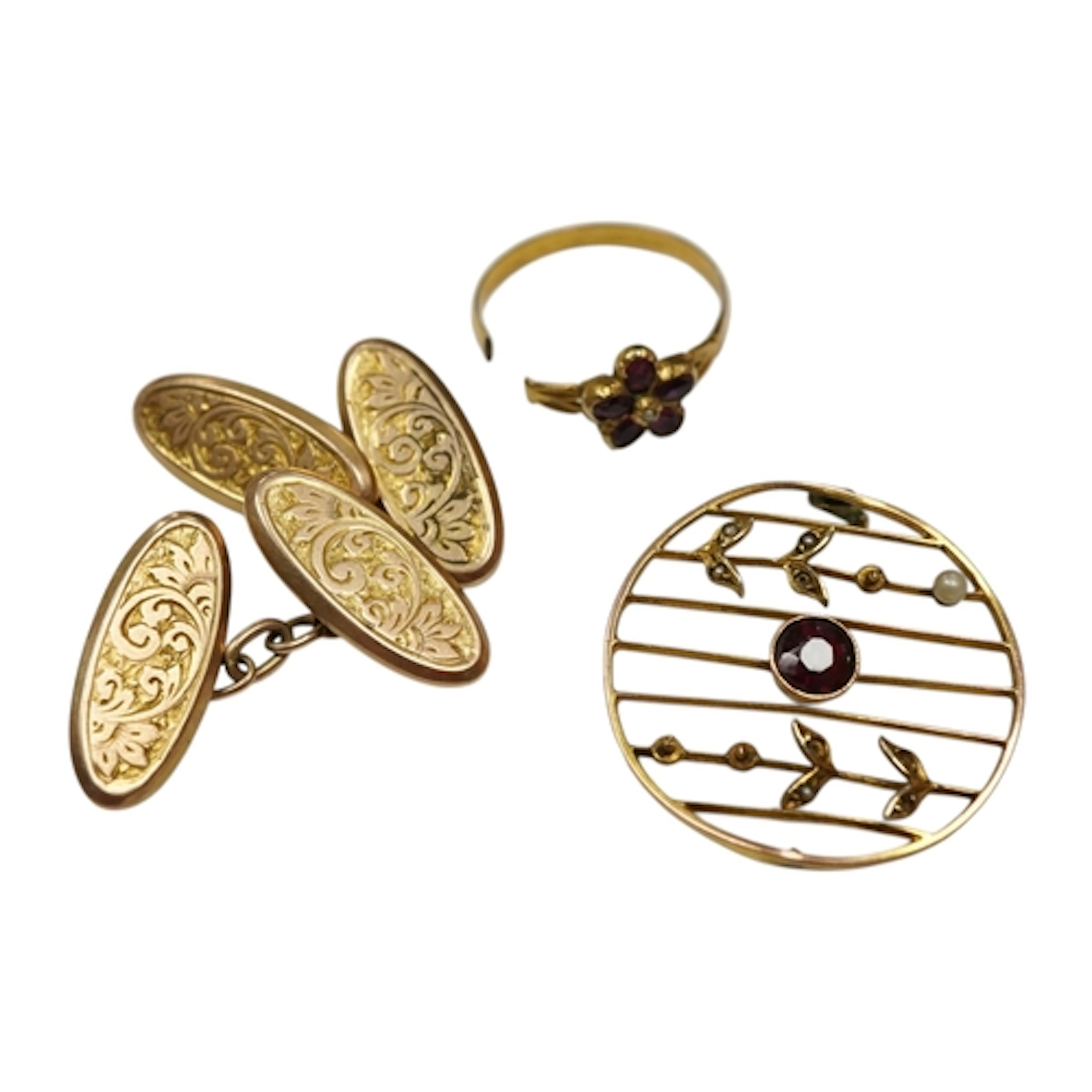 A 9ct. Edwardian brooch a/f, pair of 9ct gold cufflinks and ...