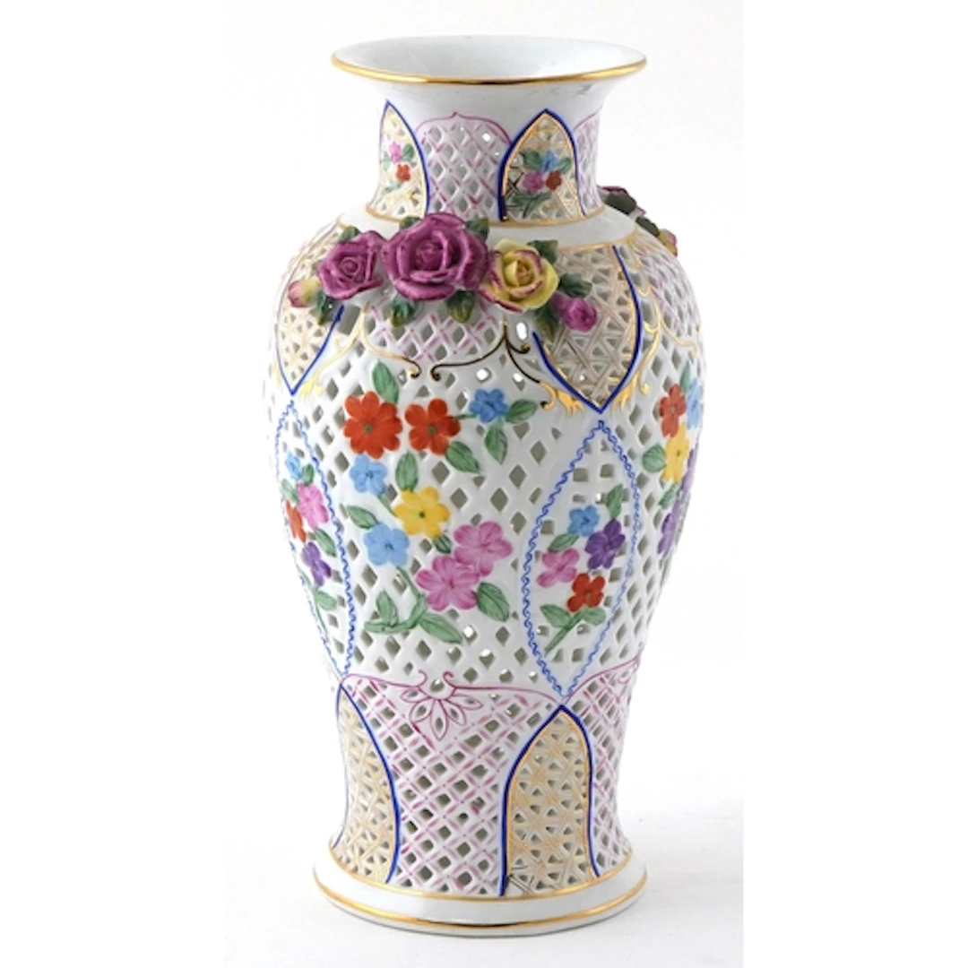 Reticulated Meissen style hand painted porcelain vase decora...