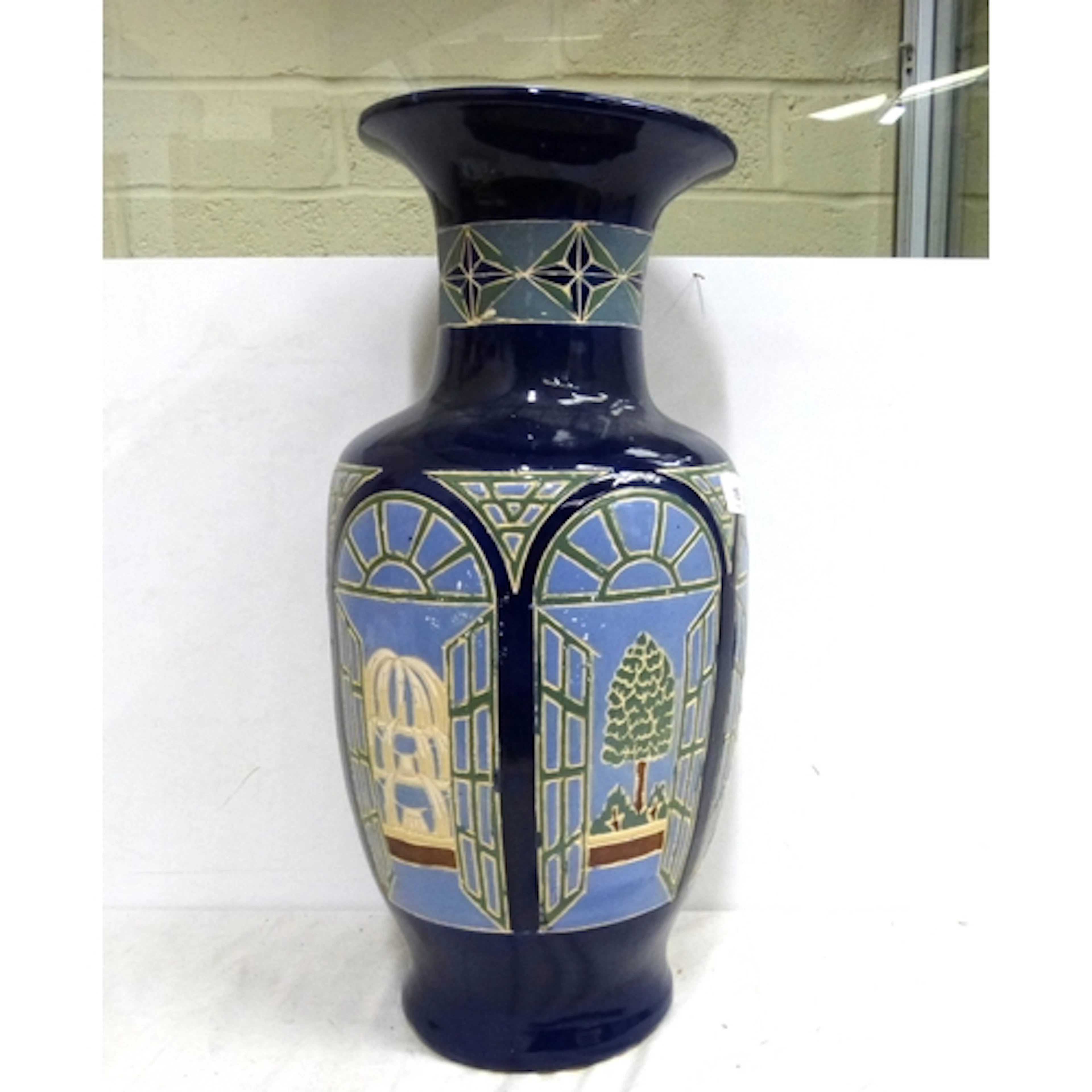 Large Oriental style blue vase H.52cm and vintage book troug...