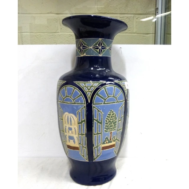 Large Oriental style blue vase H.52cm and vintage book troug...