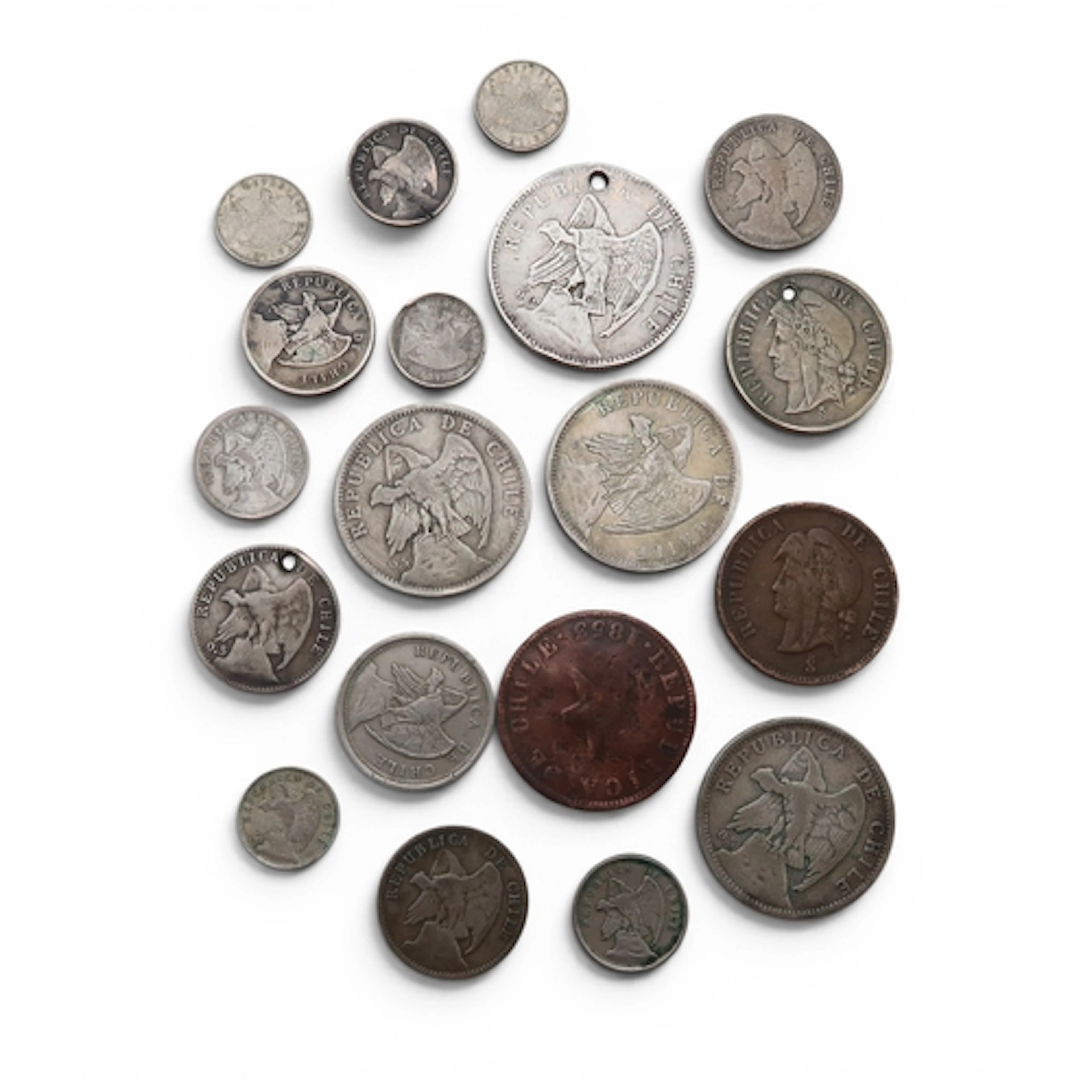 Chile (1828-date) coins various dates from 1853 to to 1925 (...