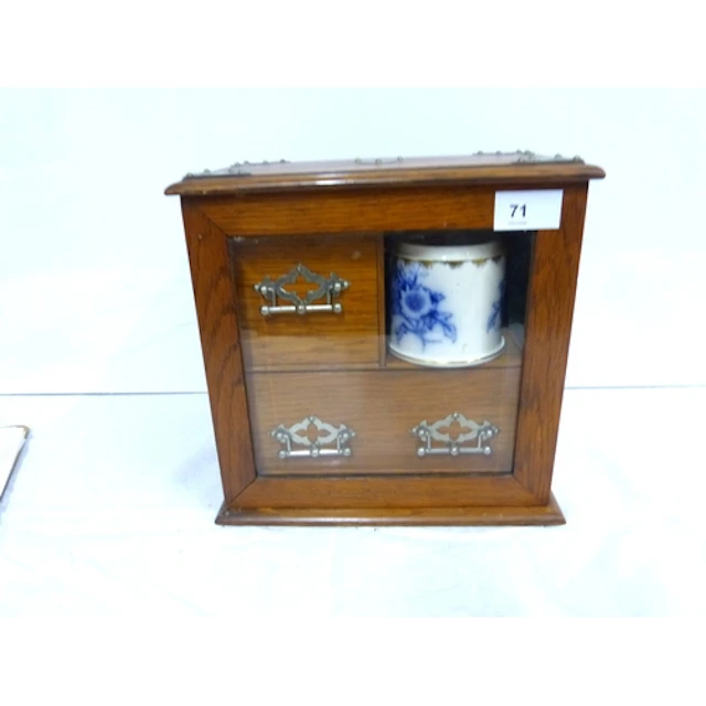 Edwardian oak smokers cabinet with porcelain tobacco jar, pr...