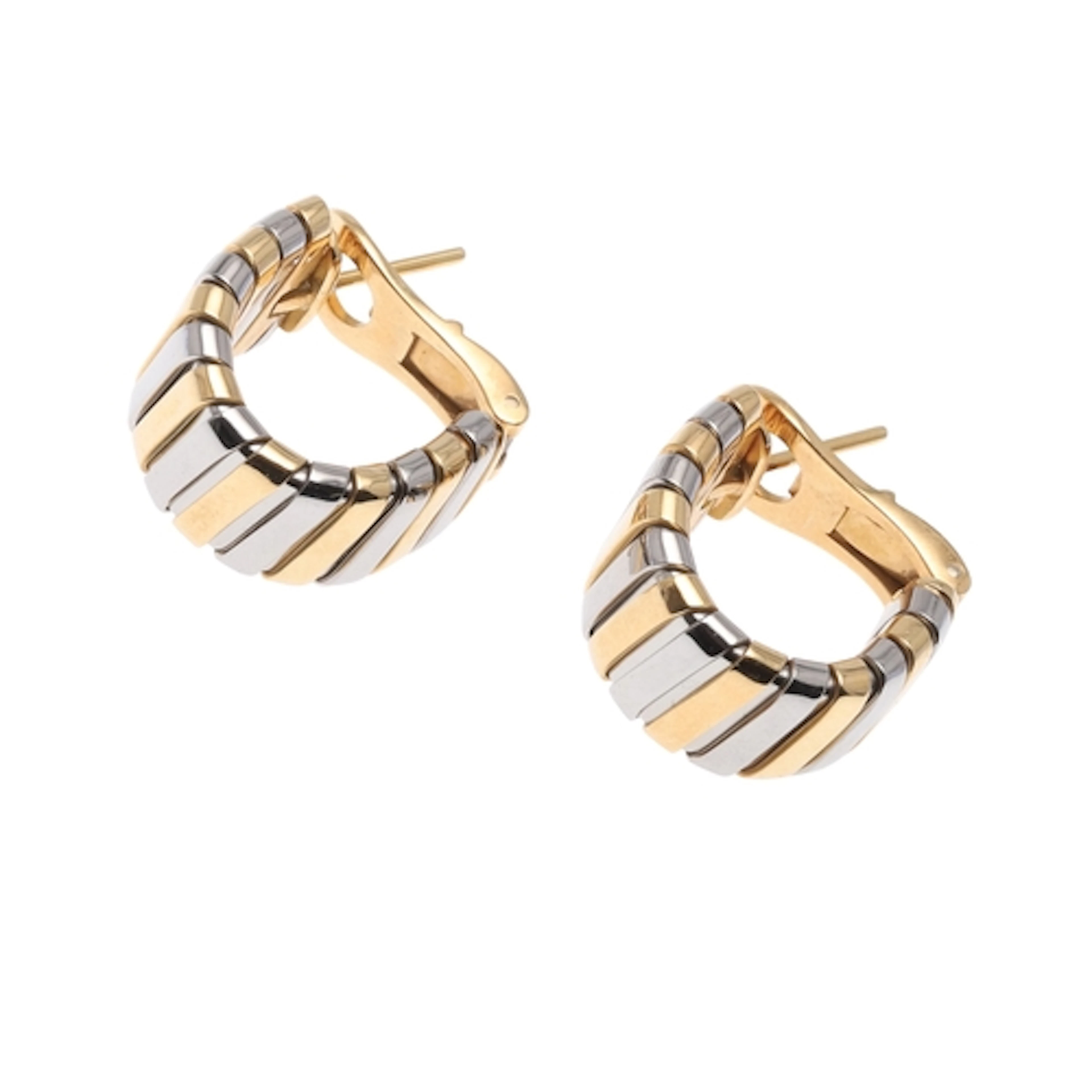 A PAIR OF TWO COLOUR GOLD HOOP EARRINGS BY BVLGARI. formed w...