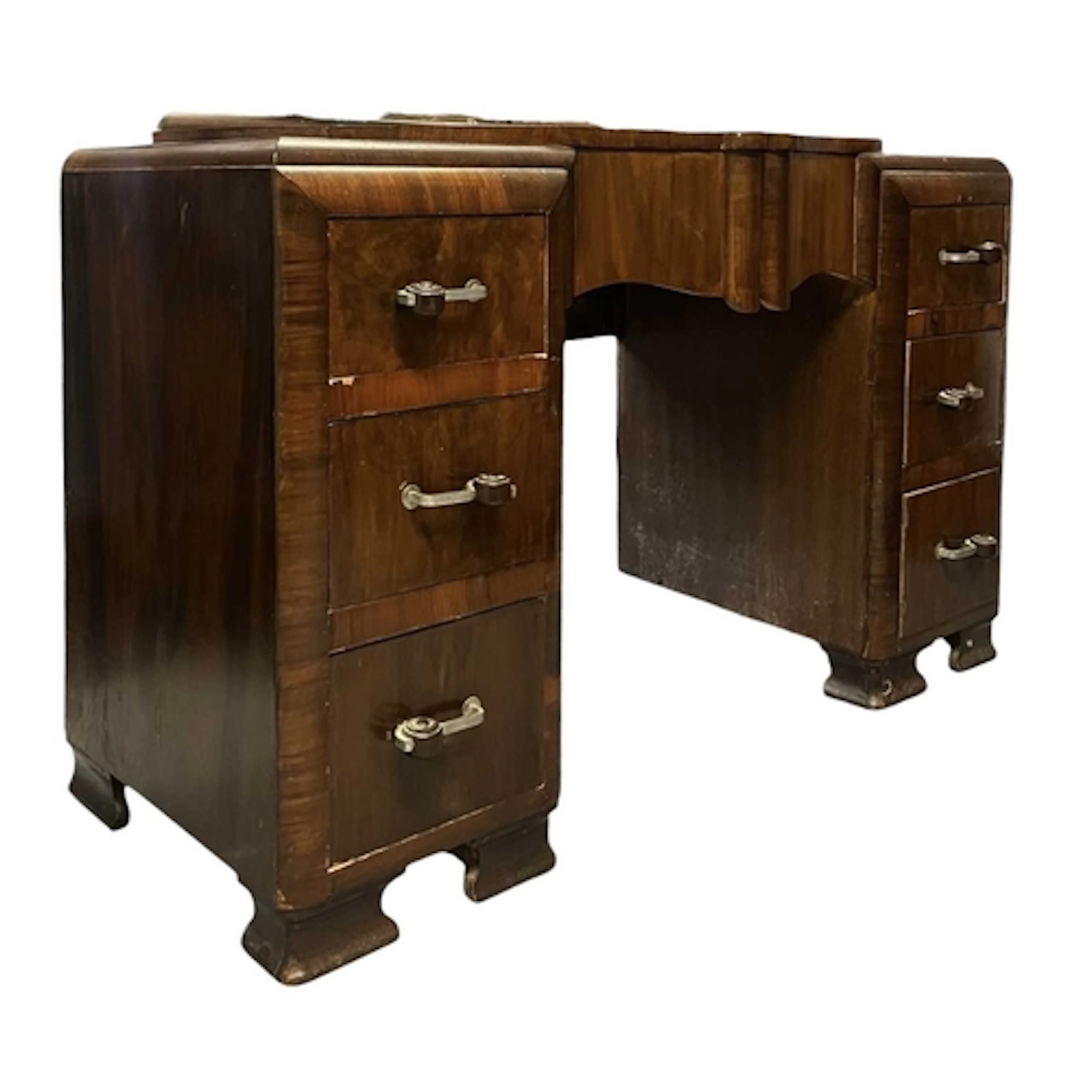 A vintage 1930s Art Deco burr walnut twin pedestal writing t...
