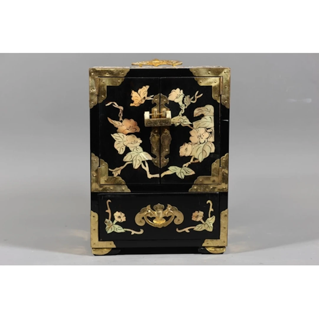 Oriental black lacquered jewellery chest with decoration and...