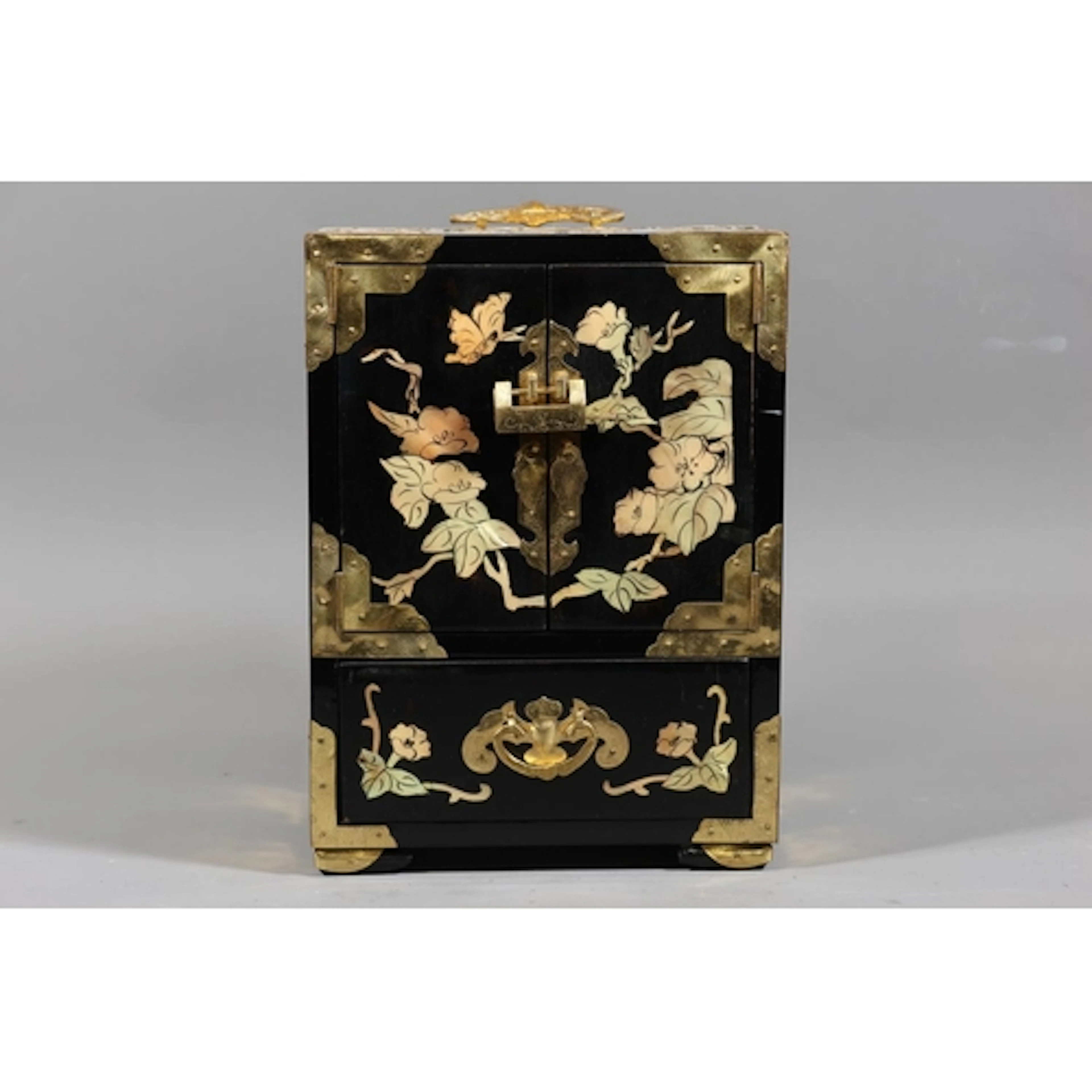 Oriental black lacquered jewellery chest with decoration and...