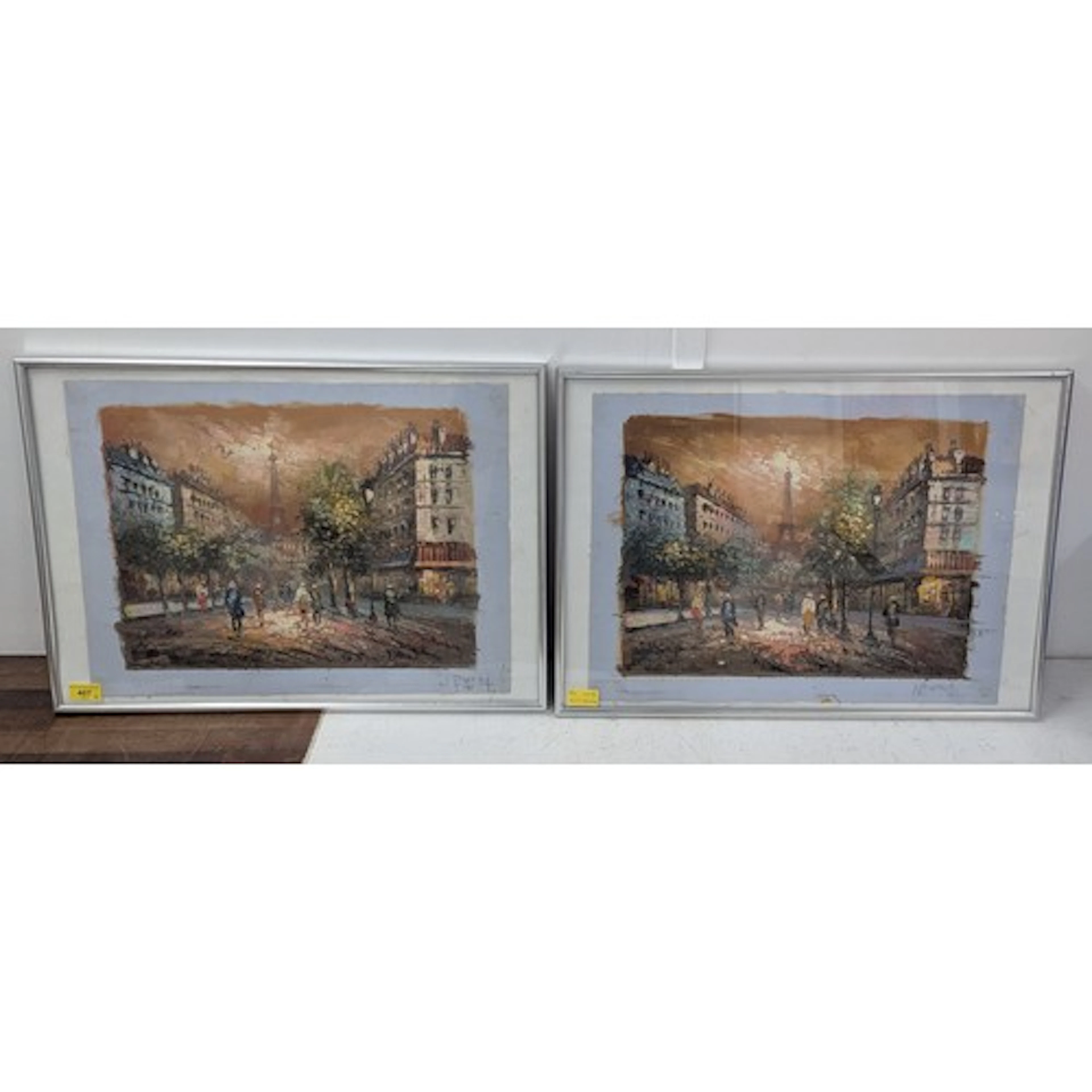 Two Parisian oil on canvases depicting figures walking throu...