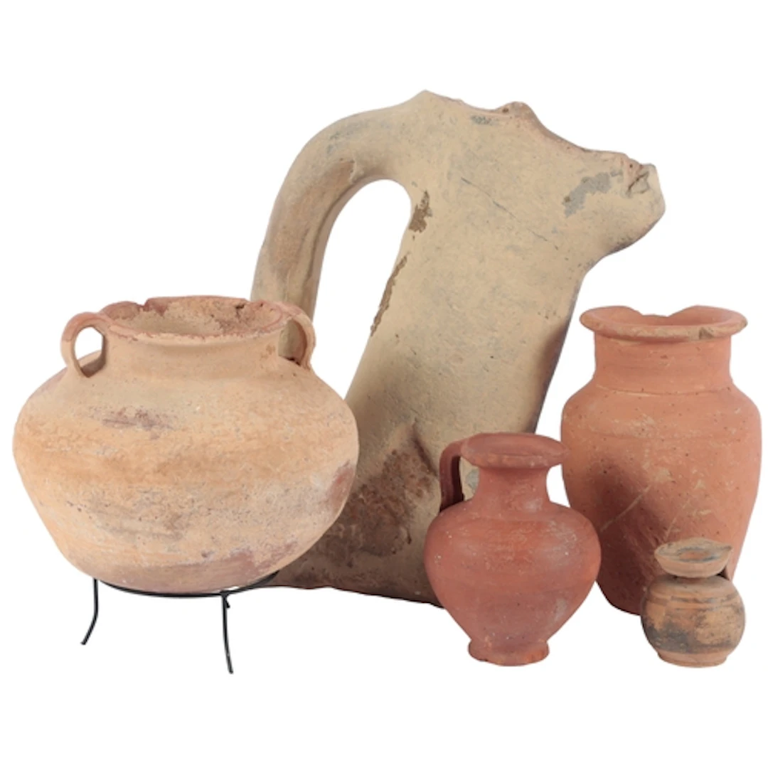 A group of early earthenware vessels, possibly circa 6th to ...