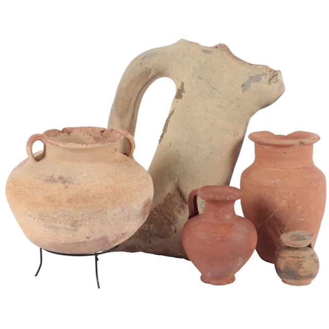 A group of early earthenware vessels, possibly circa 6th to ...