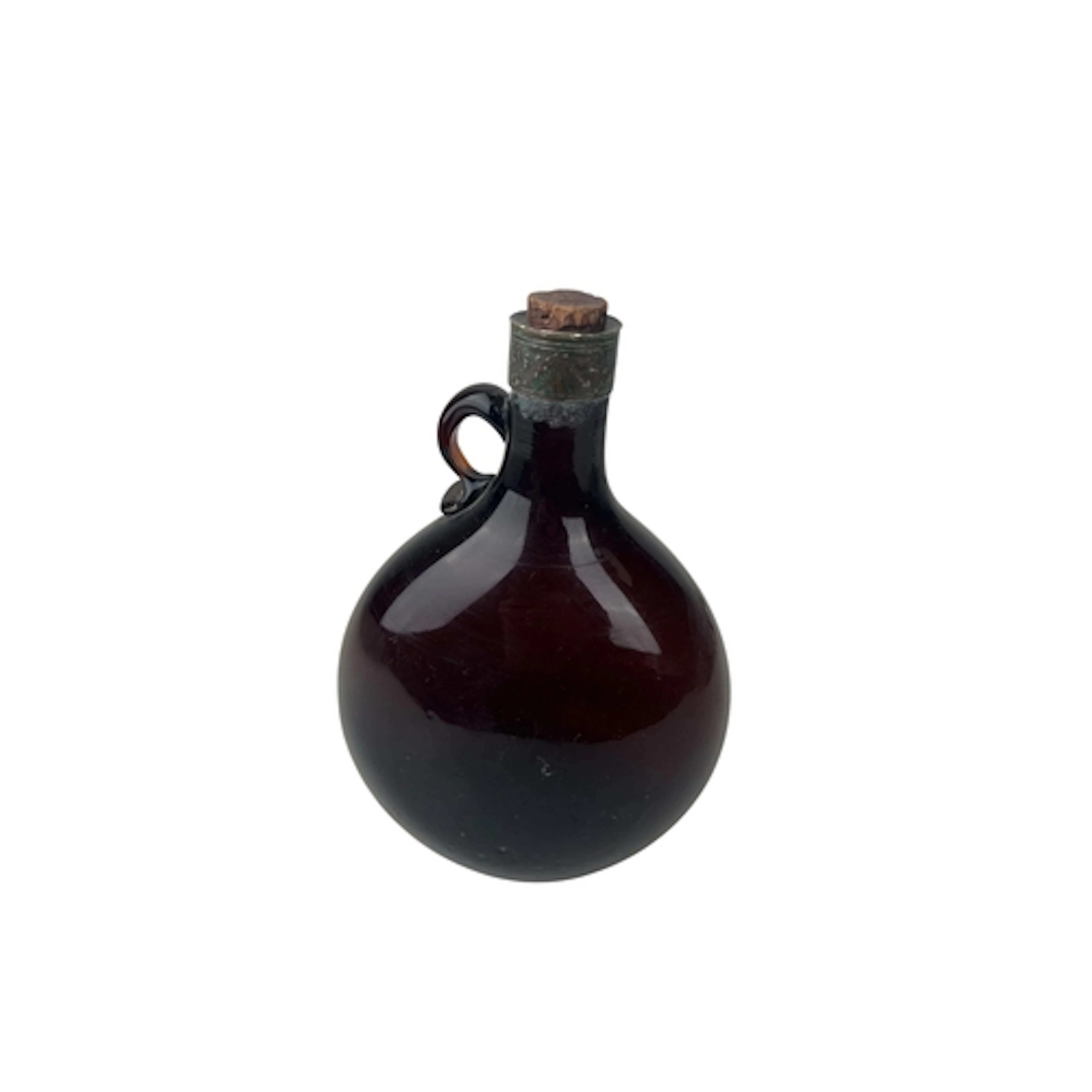 AN ANTIQUE AMBER GLASS FLAGON WITH METAL MOUNT 19cm H ...