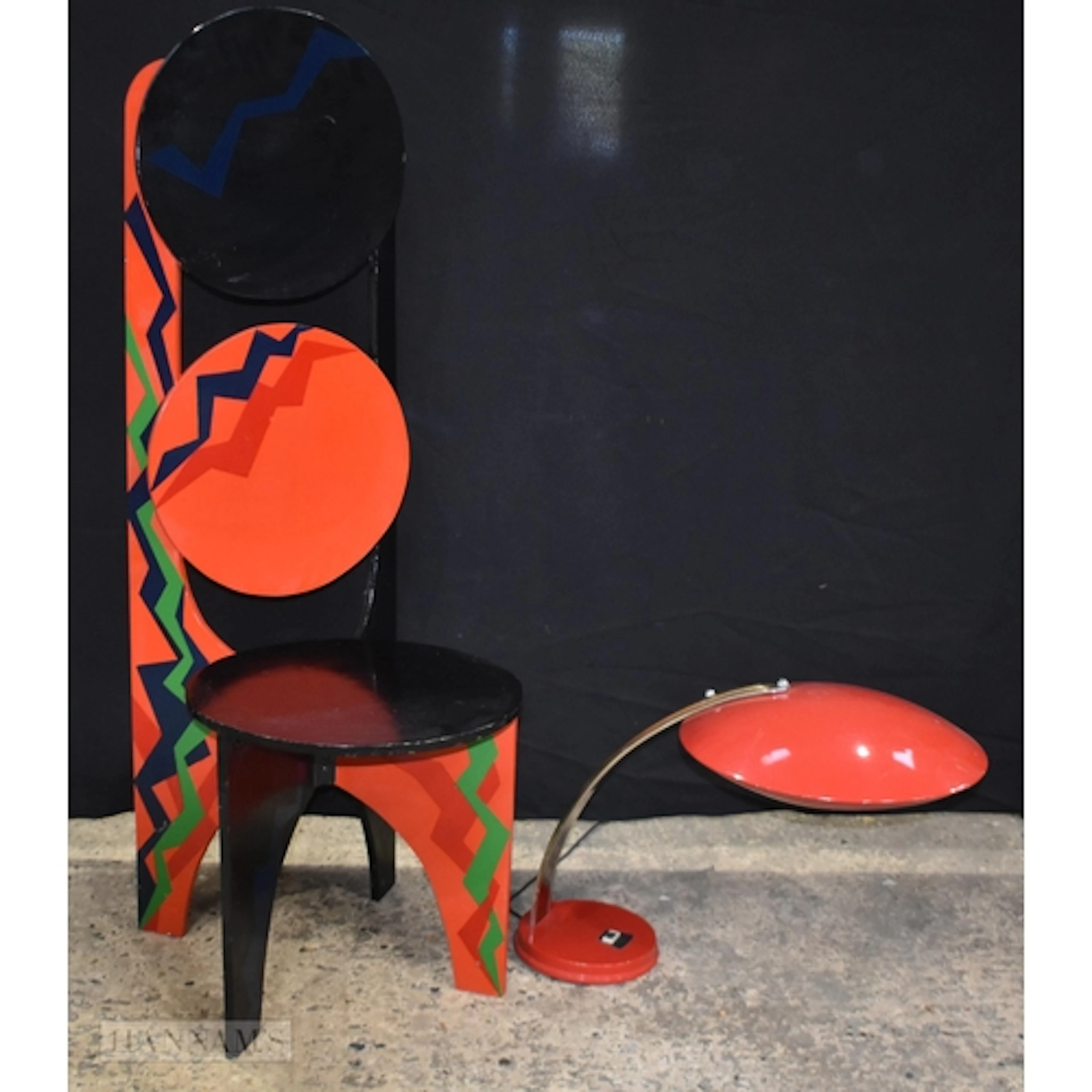 A large Pop art style wooden high back chair together with a...