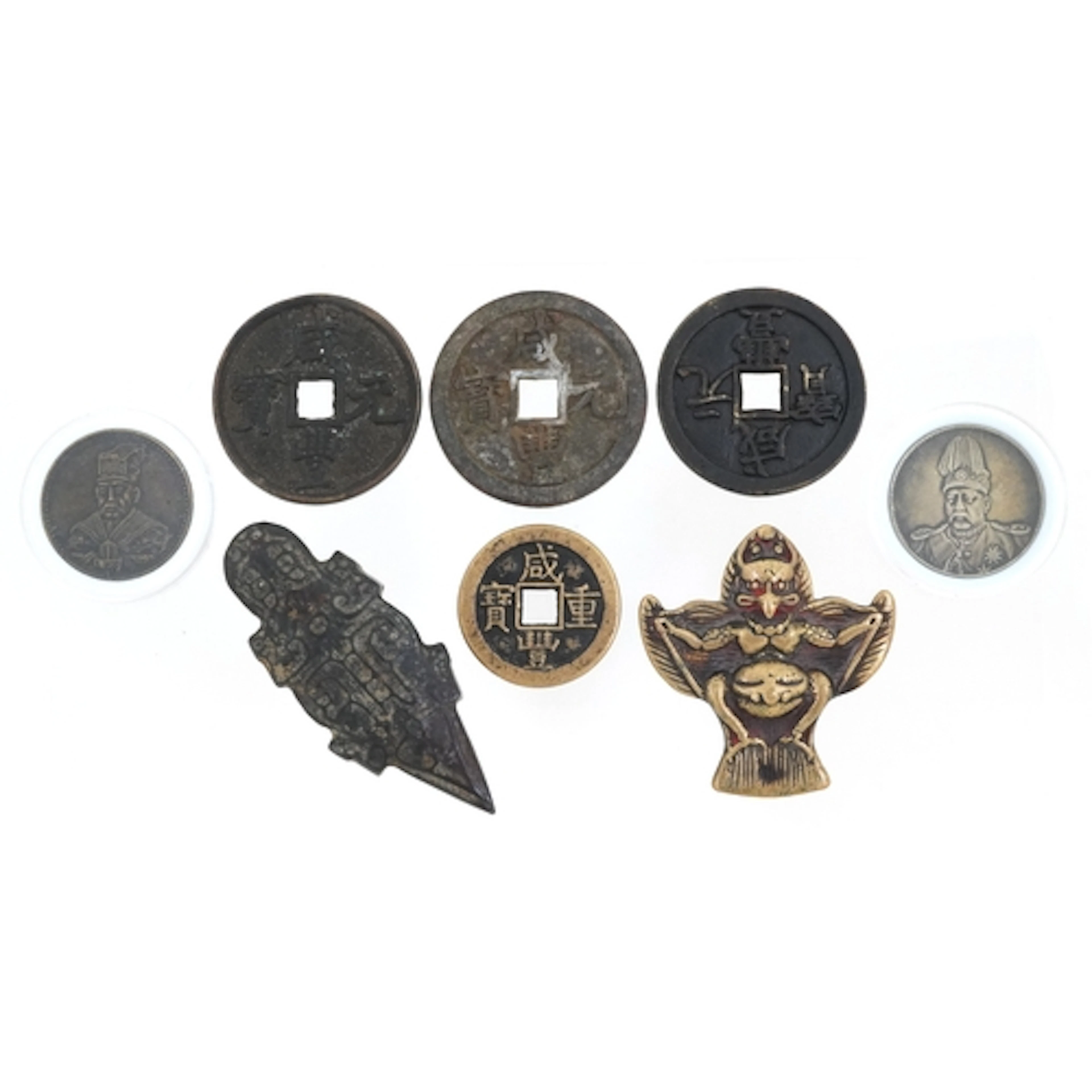 Chinese objects including four bronzed cash coin design toke...