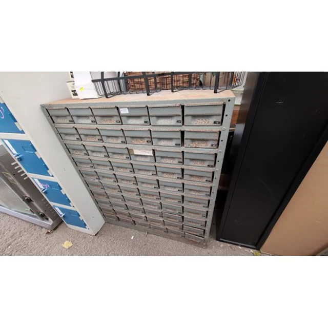 Industrial steel parts cabinet fitted with banks of shallow ...