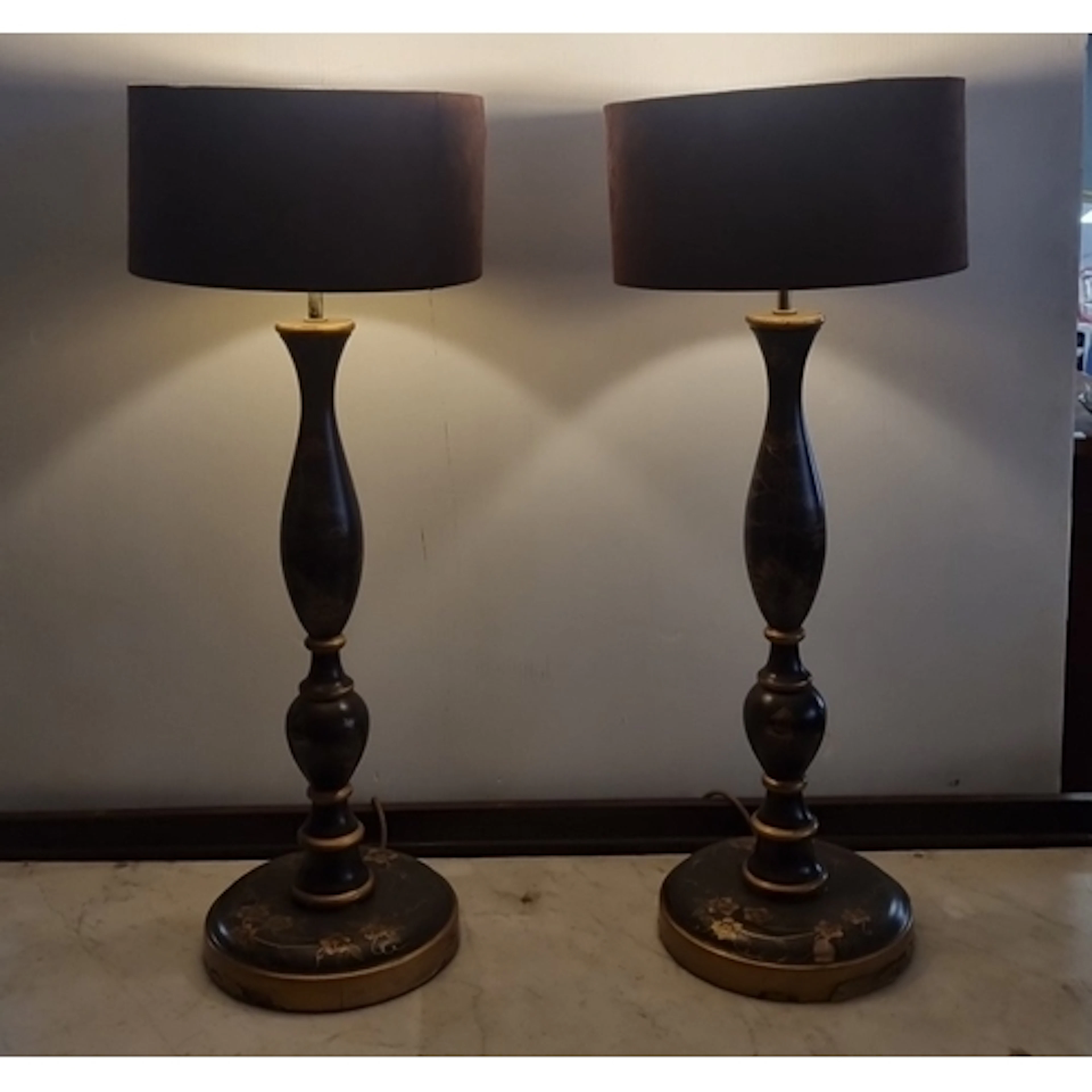 Pair of Chinoiserie Black Lacquer and Gilt Table Lamps with ...
