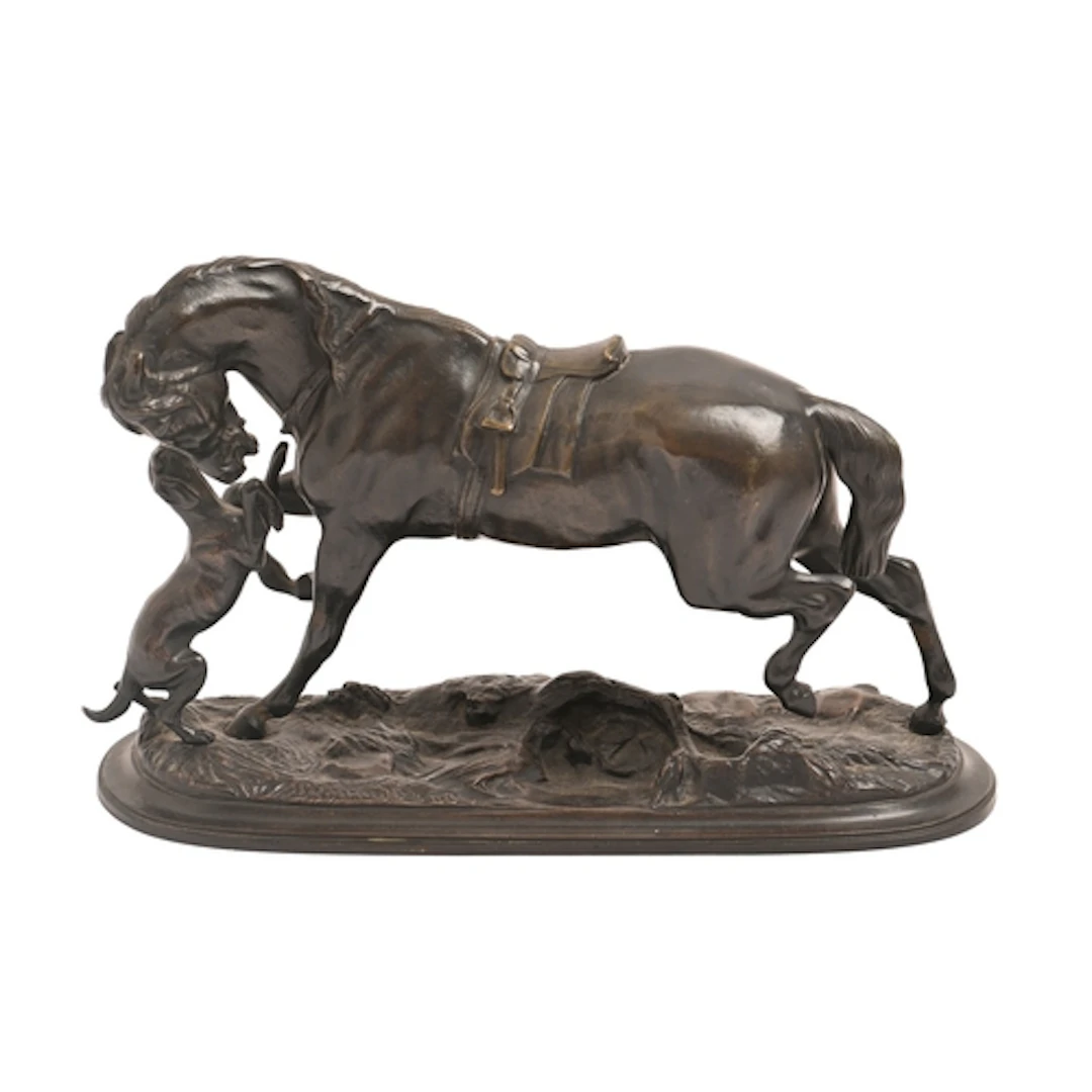A French bronze animalier sculpture of a horse and hound, ca...