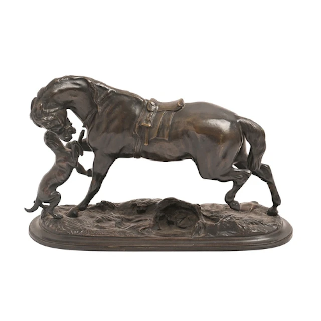 A French bronze animalier sculpture of a horse and hound, ca...