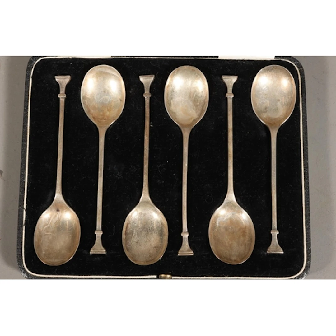 Set of six silver teaspoons with seal terminals by William S...