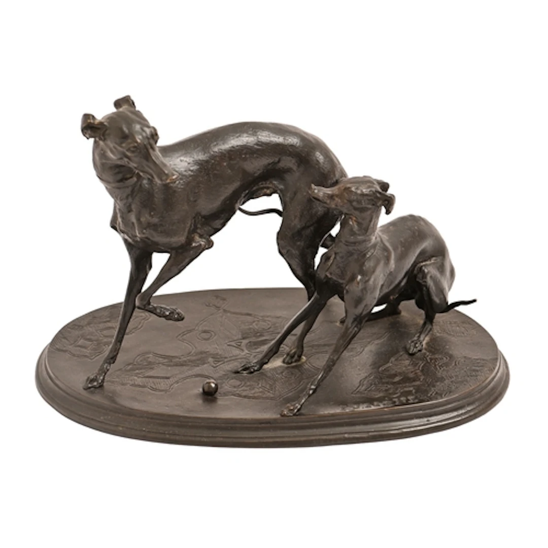 A French bronze animalier sculpture of two Italian greyhound...