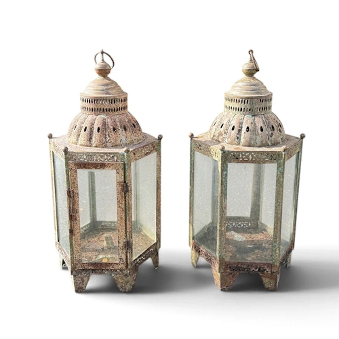 A PAIR OF CAST IRON HEXAGONLE LANTERNS WITH GLASS PANEL SIDE...