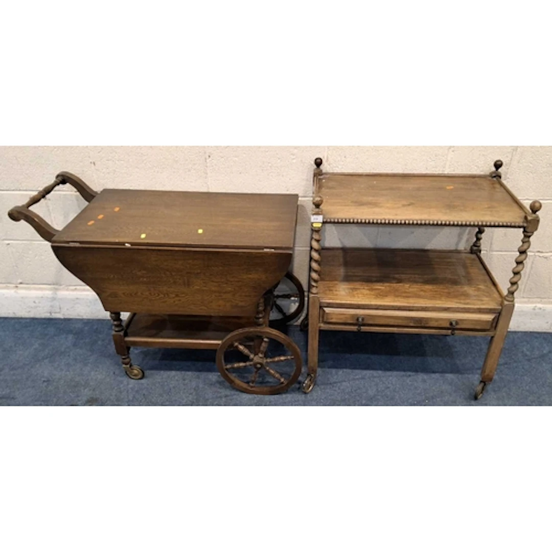 TWO EARLY 20TH CENTURY OAK TROLLEYS, each with two tiers, th...