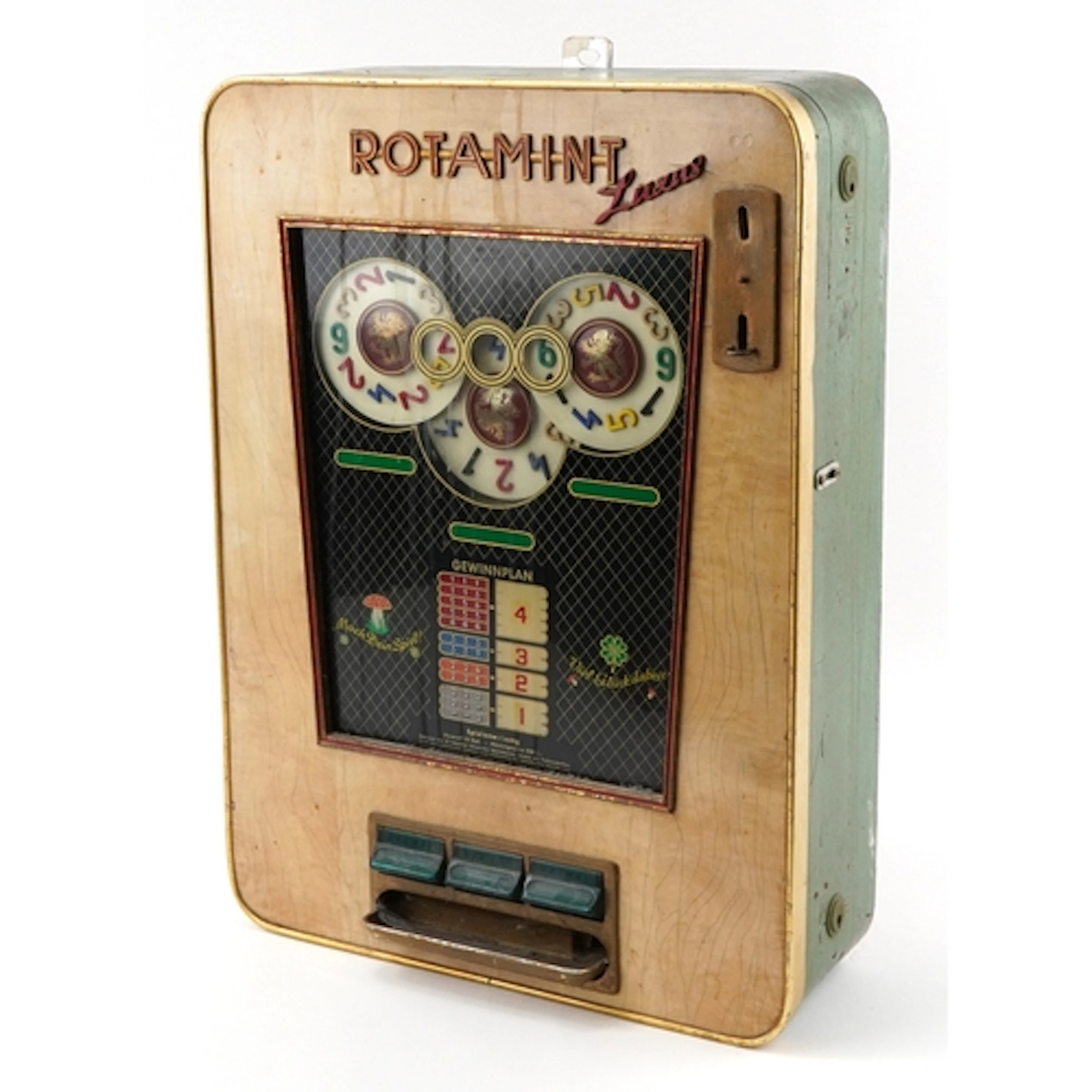 1960s Rotamint Luxus slot machine, 70cm high x 51cm wide.