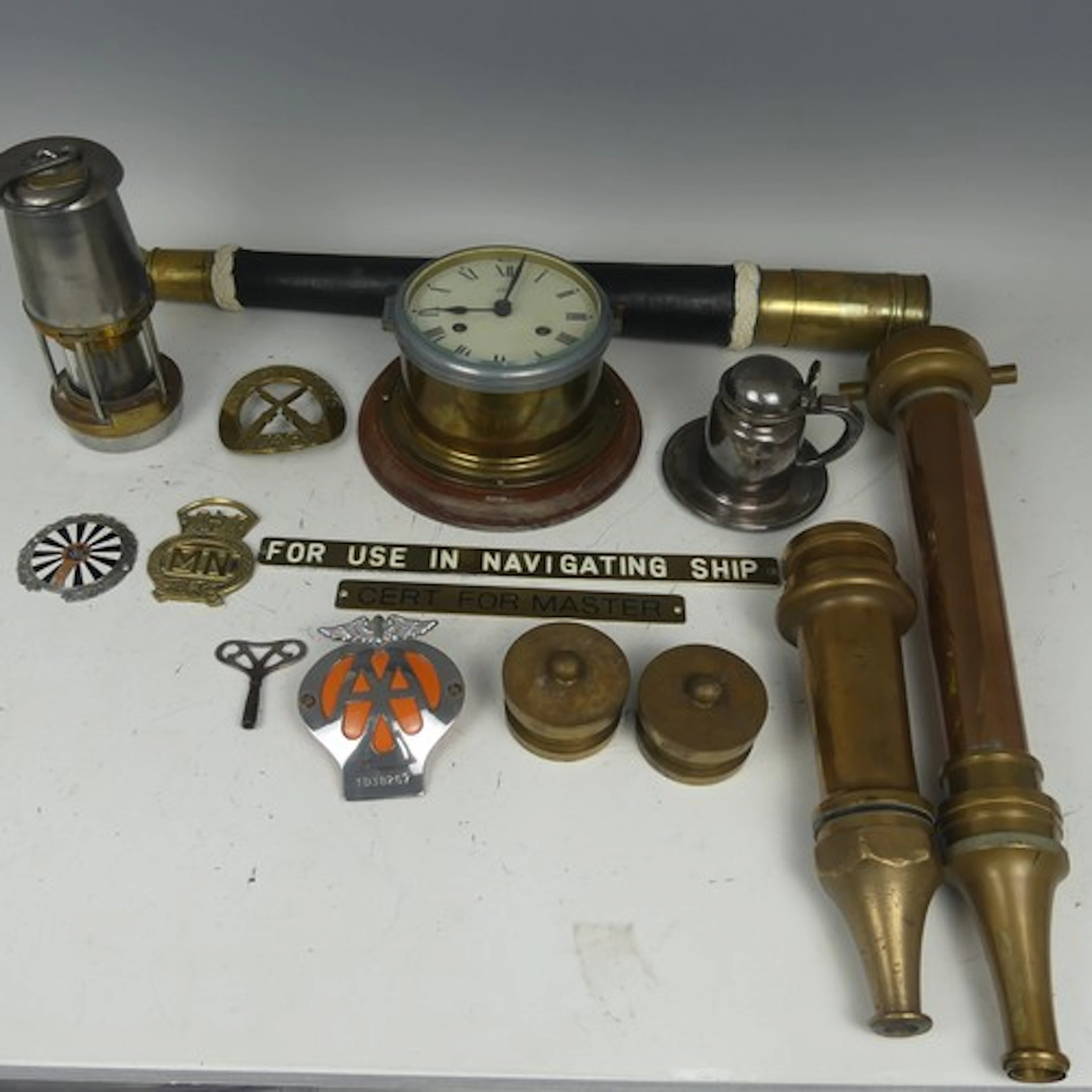 A Shatz brass ships Clock, mounted on oak plaque, together w...