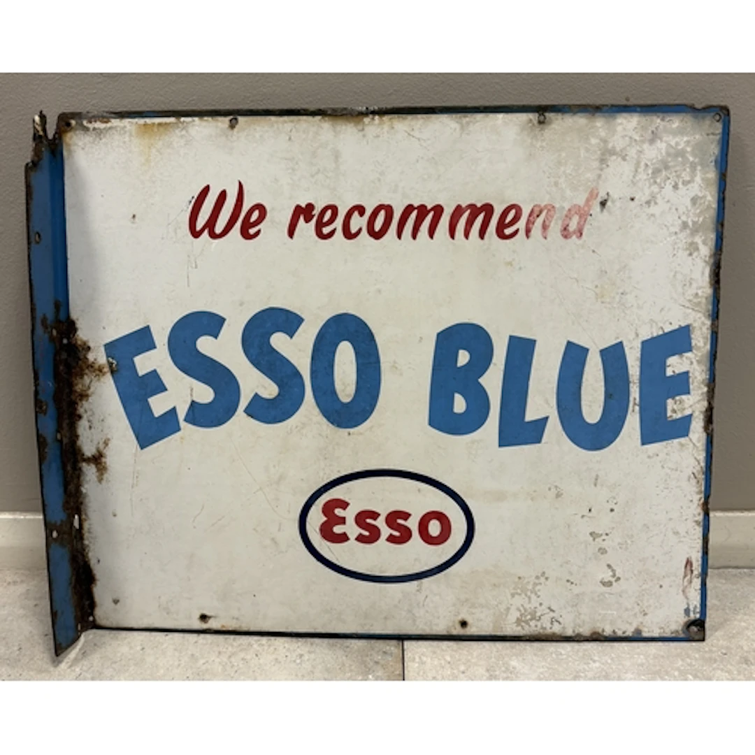 A vintage wall-mounted, double-sided Esso "We Recommend Esso...