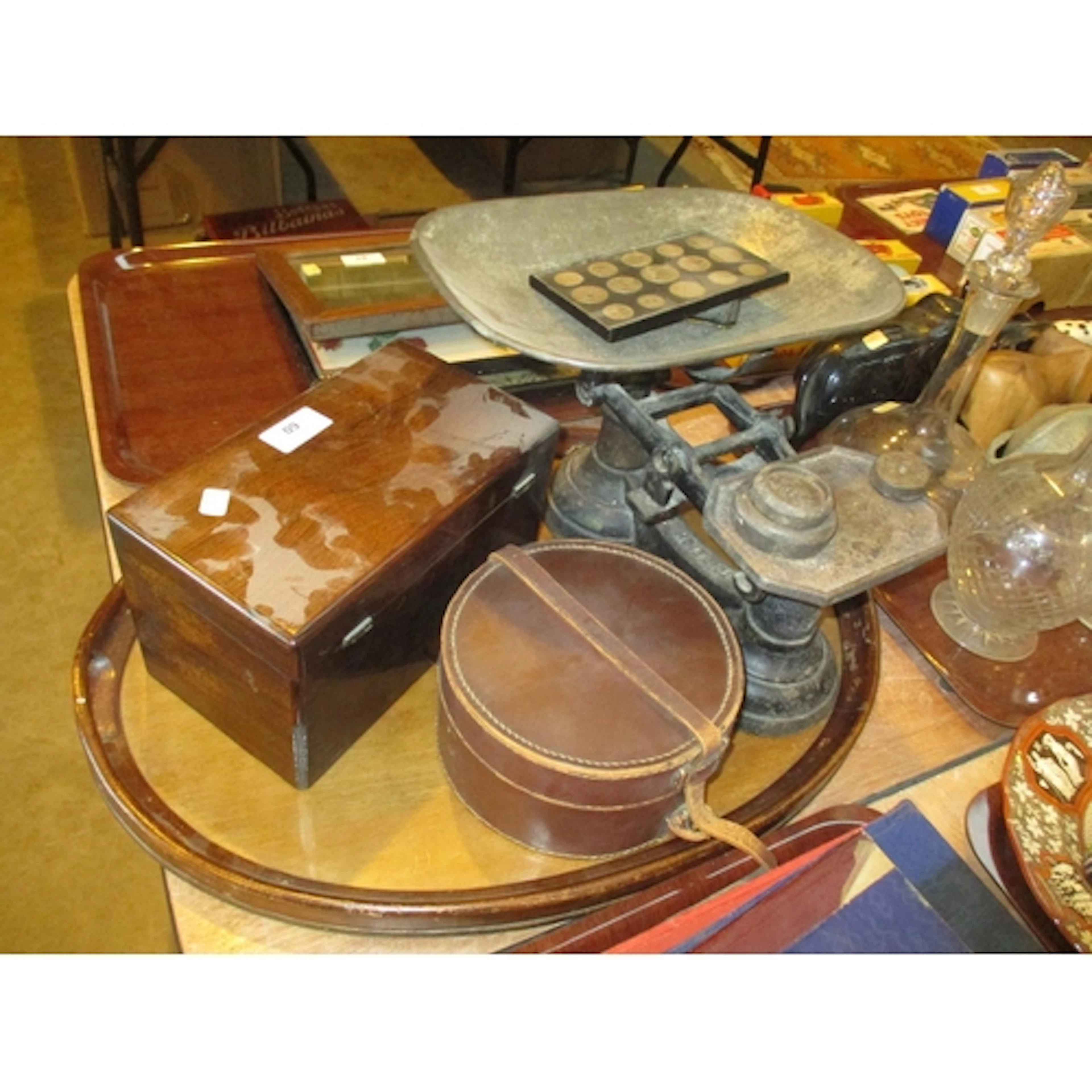 Rosewood Tea Caddy, Collar Box, Kitchen Scales, Oval Tray an...