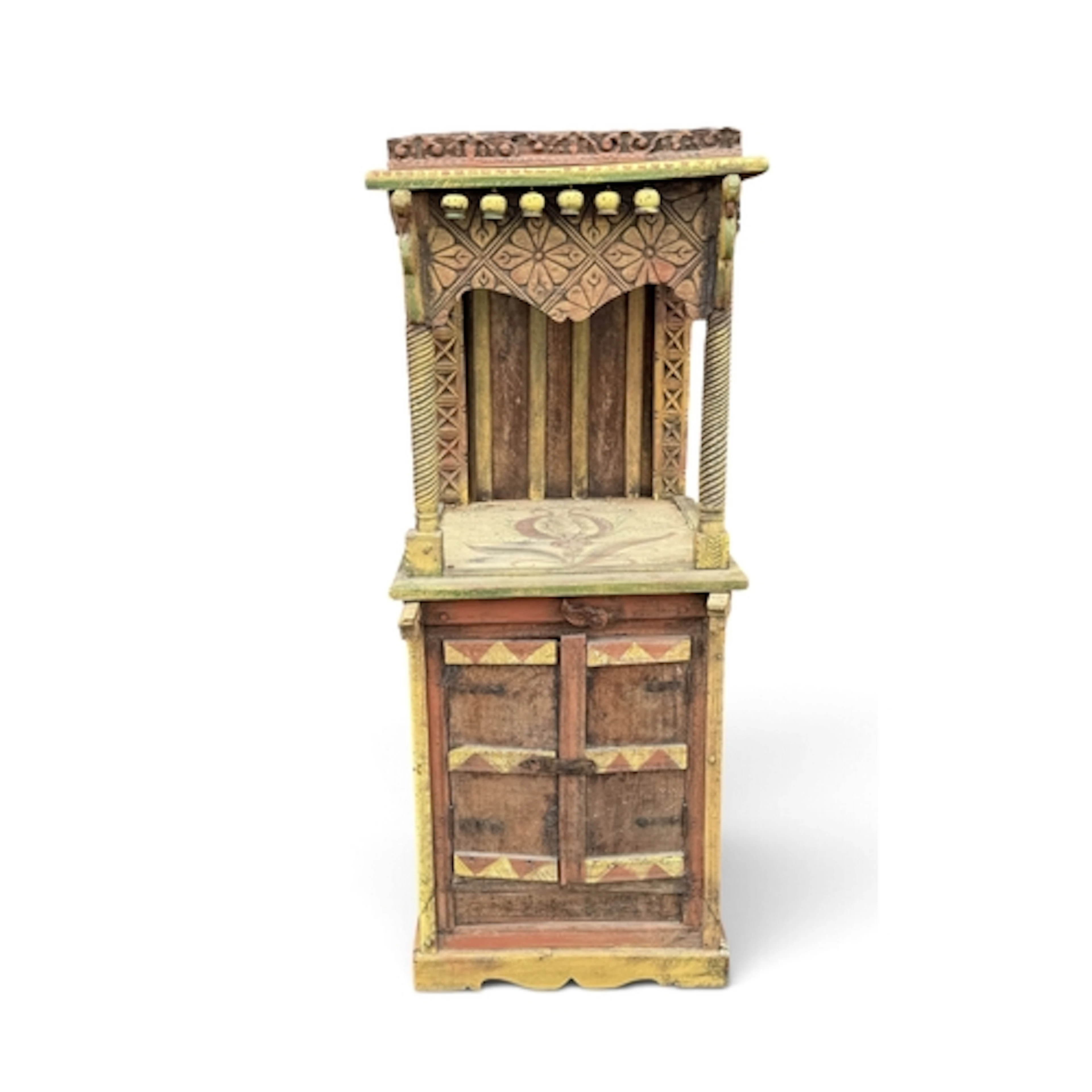 AN INDIAN PAINTED AND CARVED WOODEN SHRINE Polychrome paint...