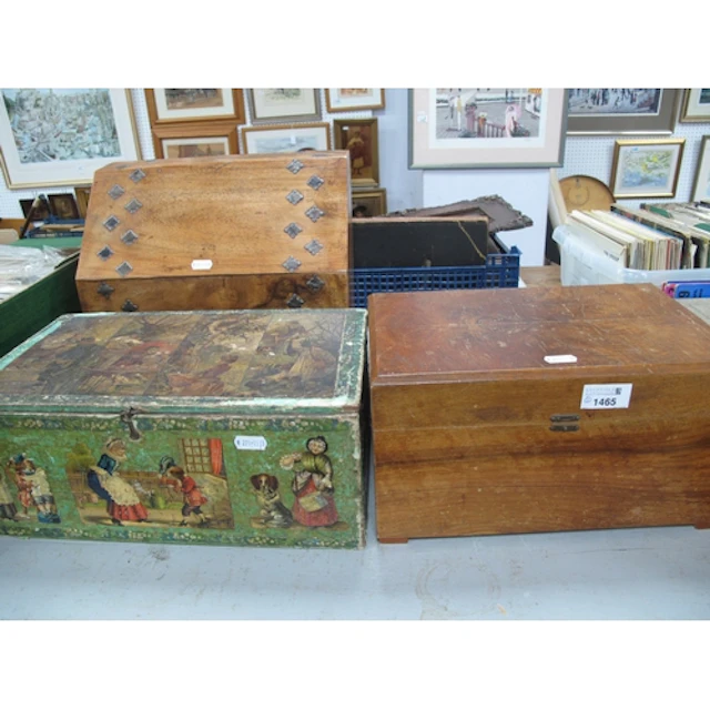 Three Vintage Wooden Boxes, including a compartmented sewing...