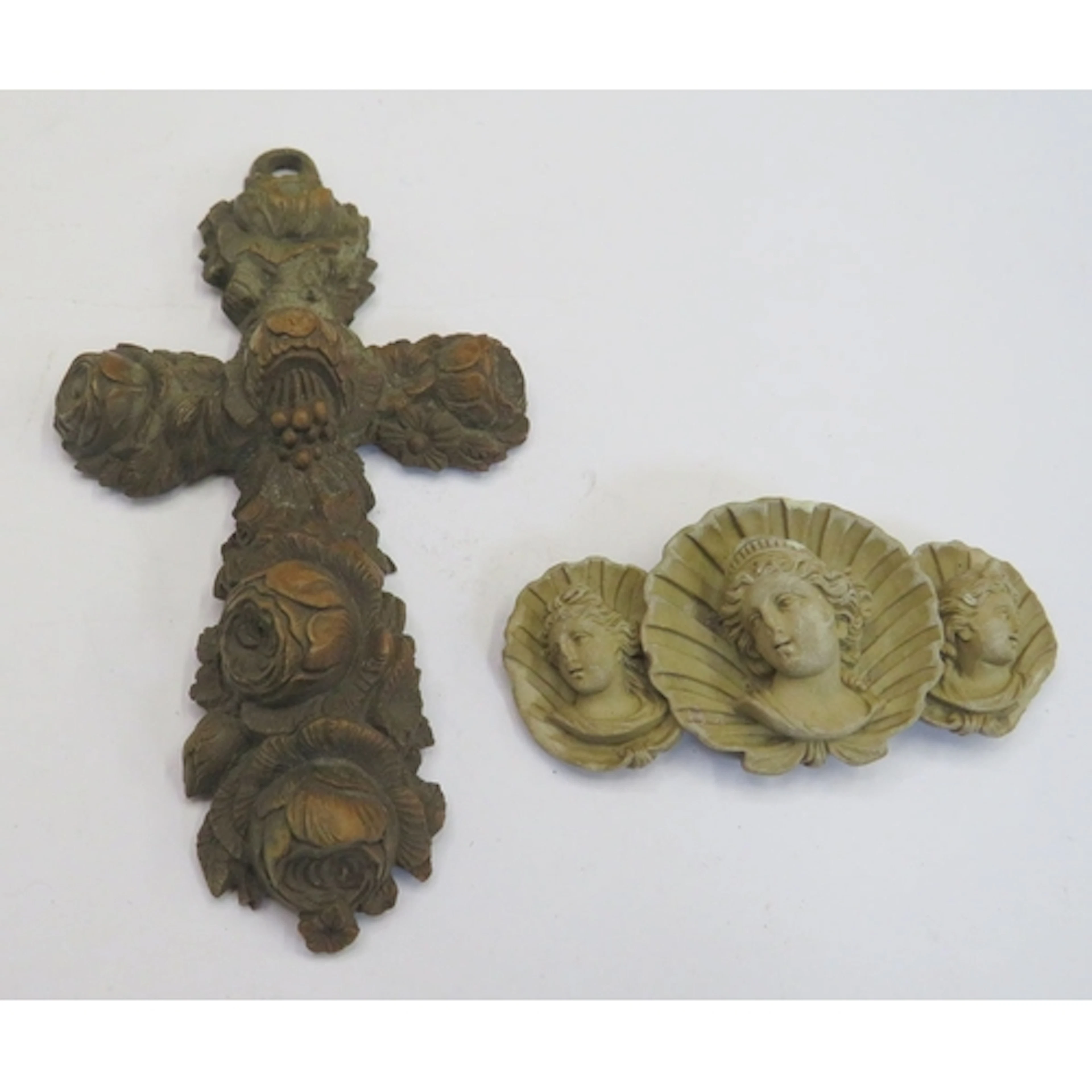 Antique Lava Brooch with 3 shell forms each with bust of a w...