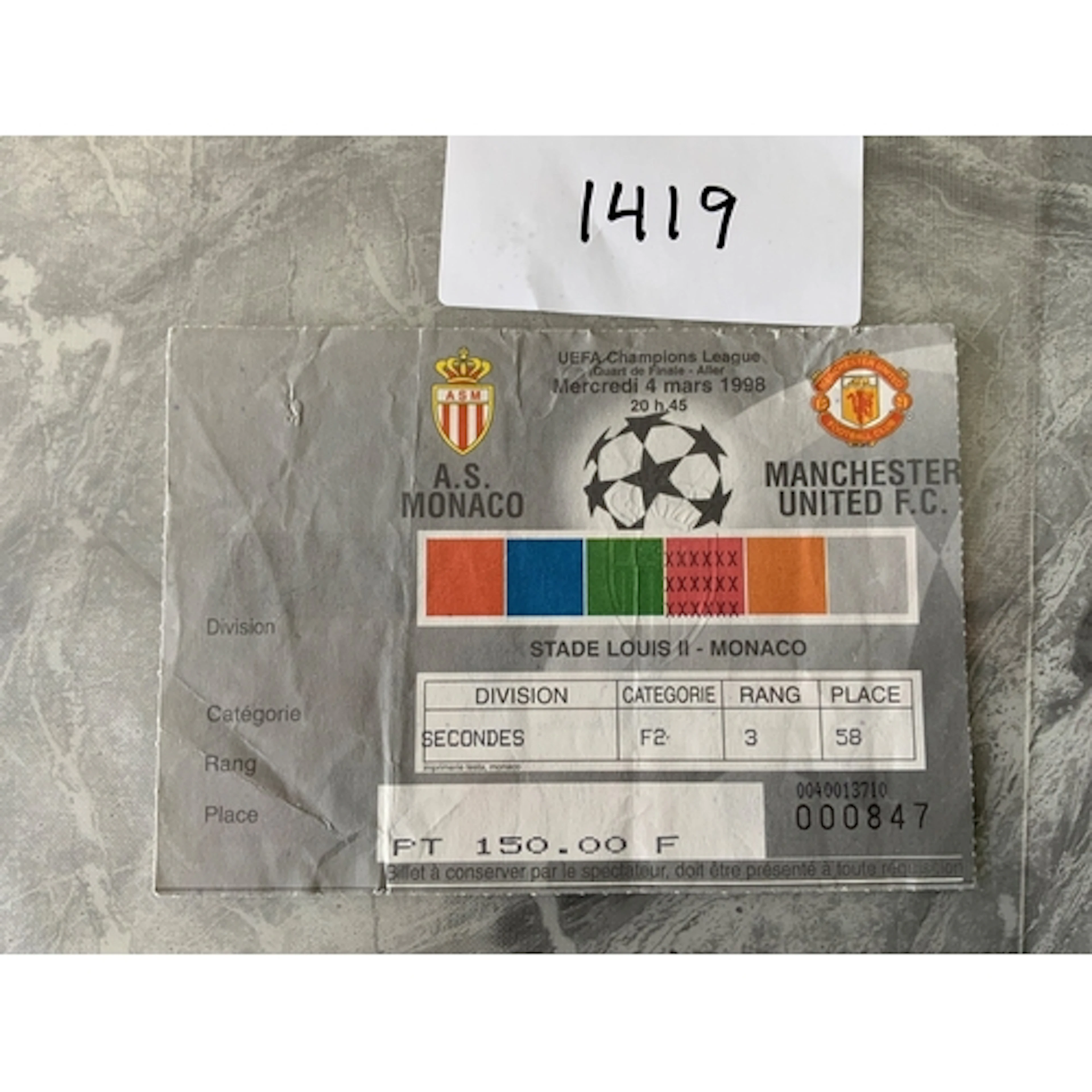 1998 Monaco v Manchester United Football Ticket: Champions L...