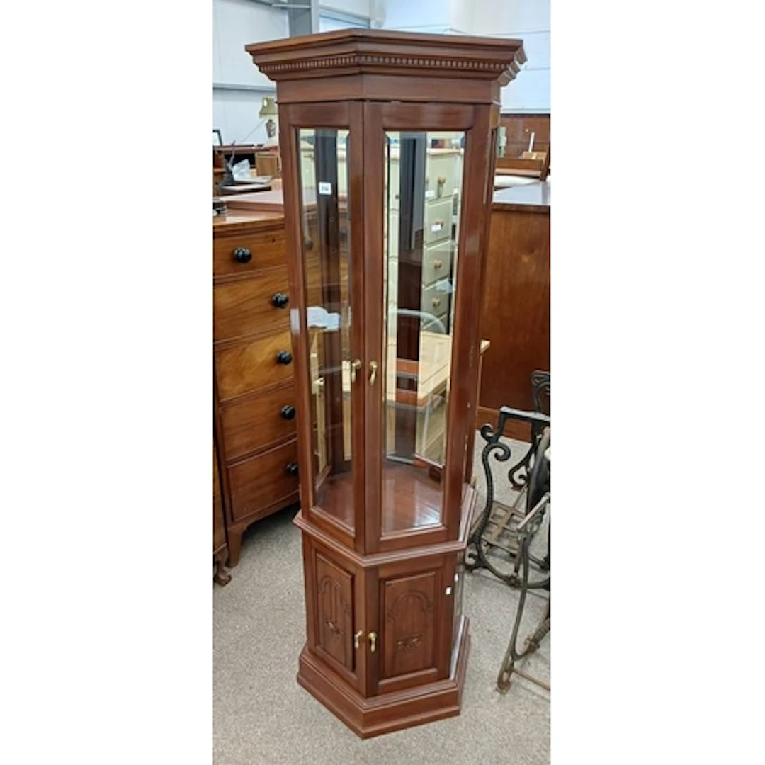 HARDWOOD HEXAGONAL DISPLAY CABINET WITH 2 GLAZED DOORS OVER ...