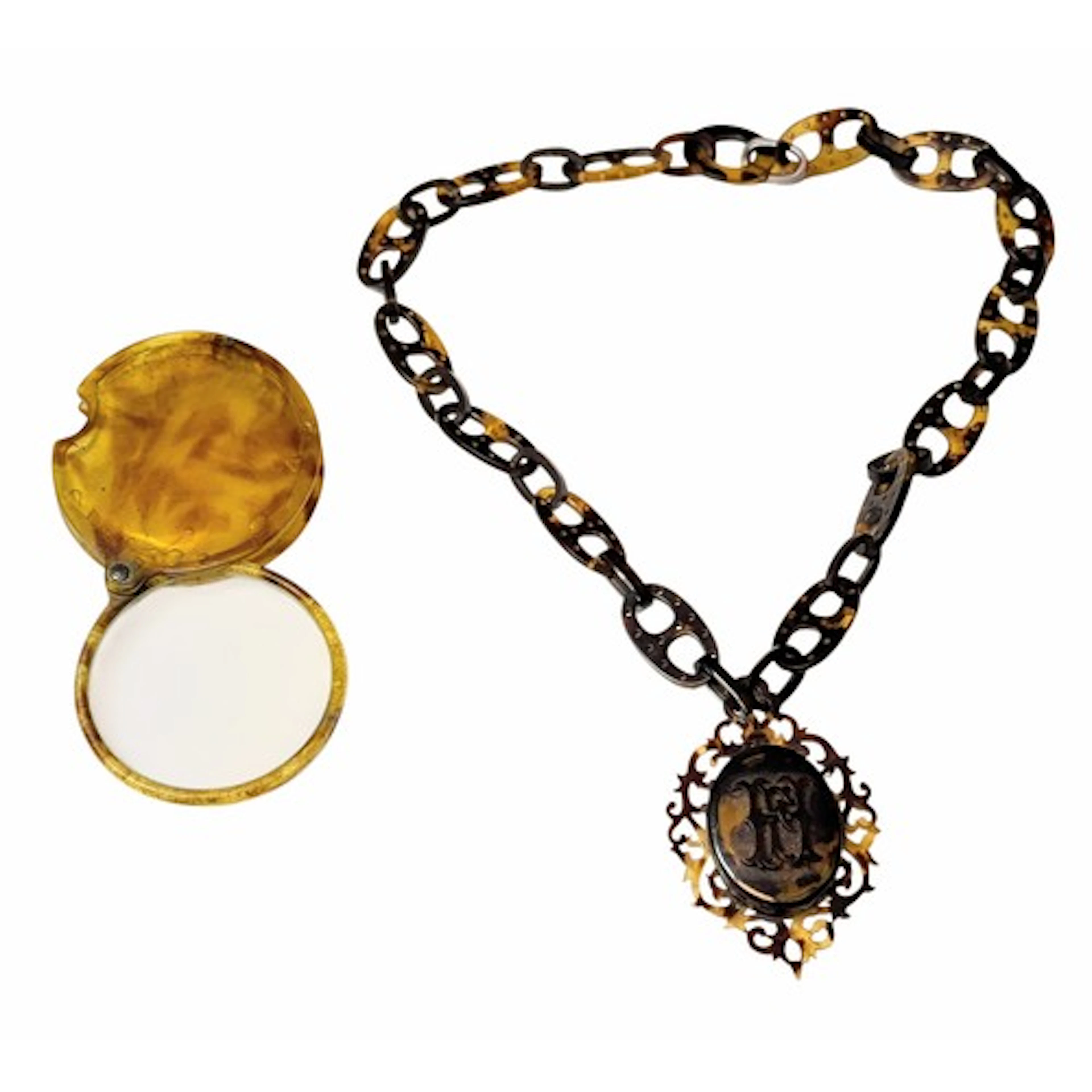 A 19th century faux tortoise shell locket and chain, c.1870 ...