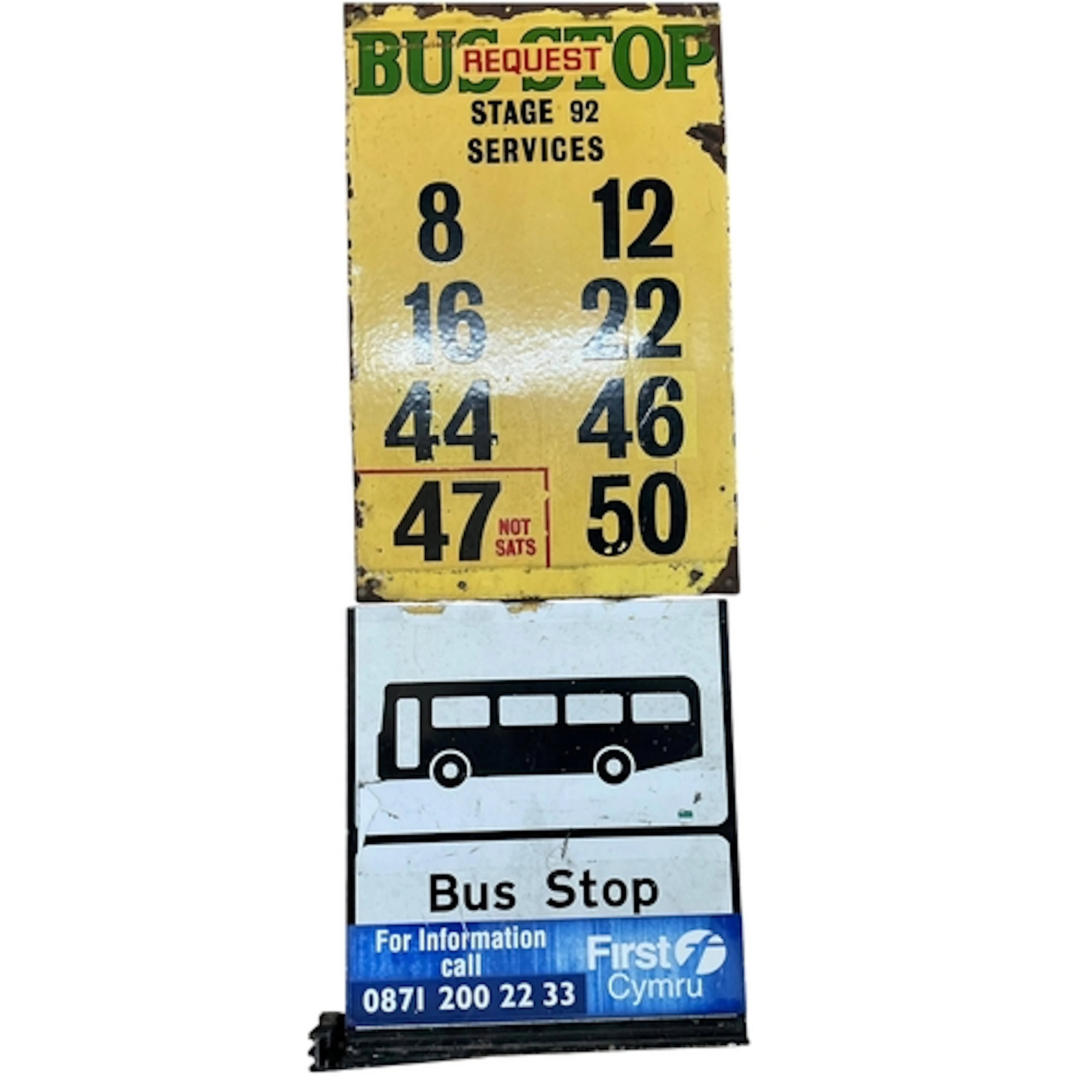 A vintage 'Request Bus Stop Stage 92' enamelled sign and a l...