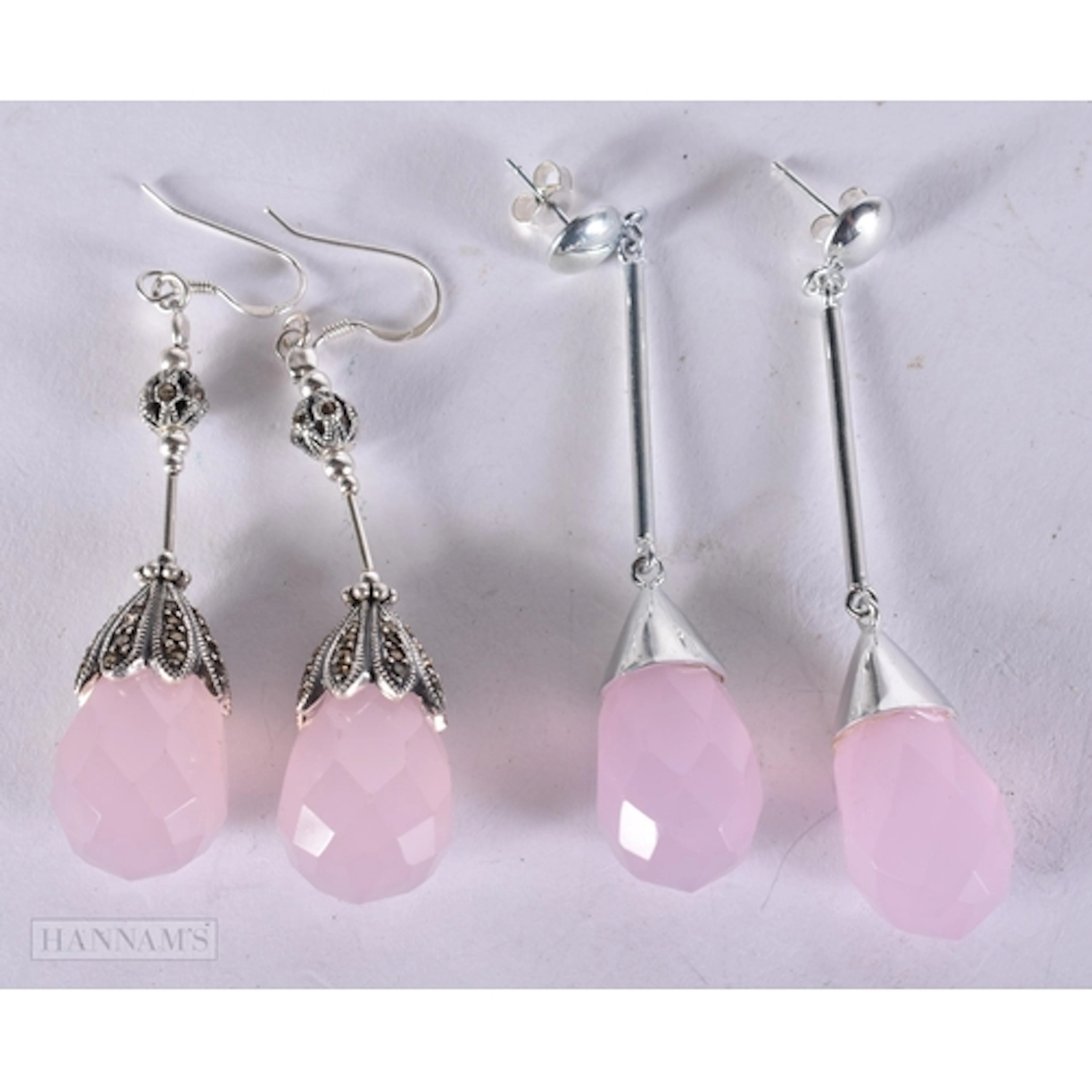 TWO PAIRS OF SILVER AND ROSE QUARTZ EARRINGS. 6.8 x 1.4 cm. ...