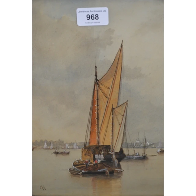 20th Century watercolour, moored shipping in calm waters, mo...