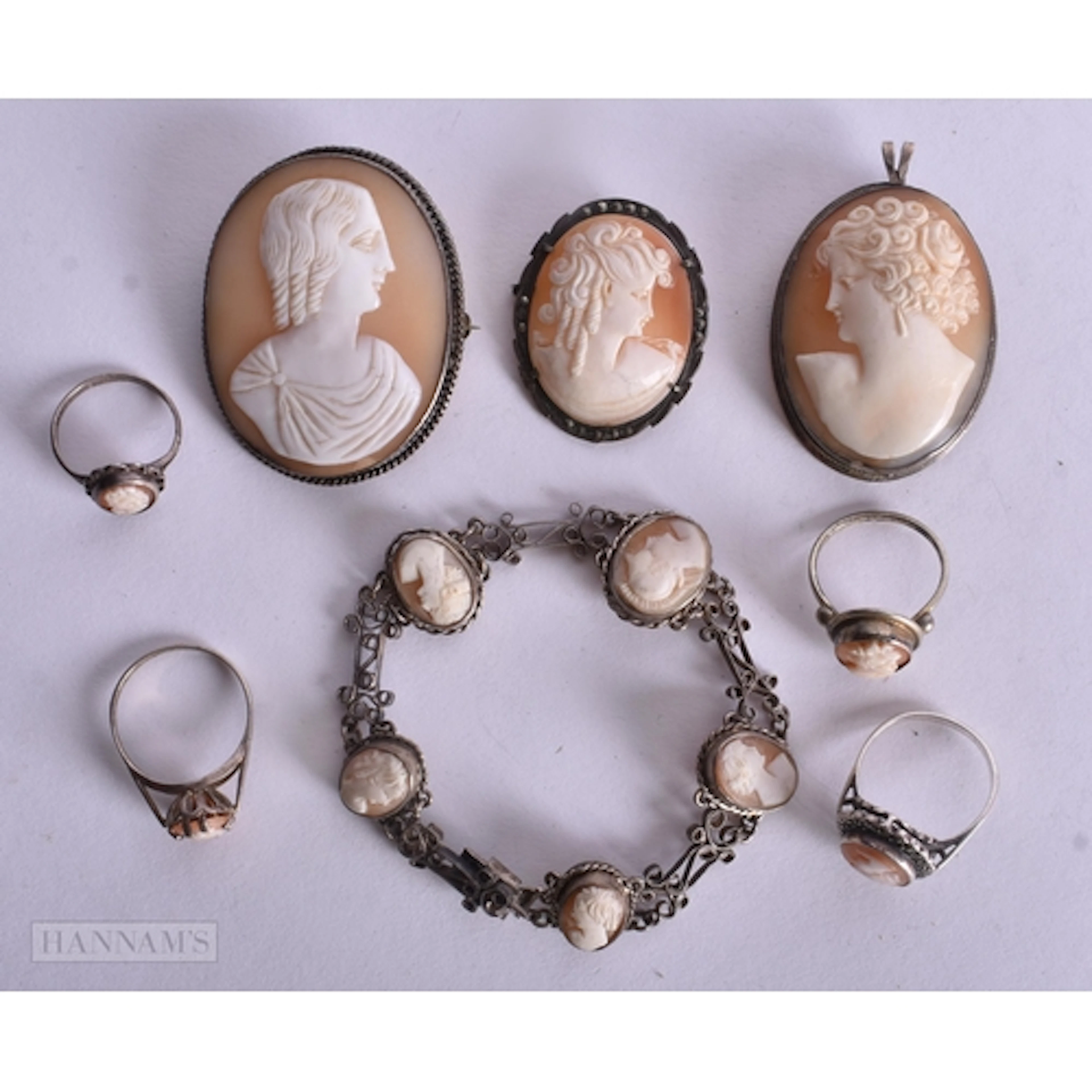 Collection of Silver Shell Cameo Jewellery inc. Marcasite, B...