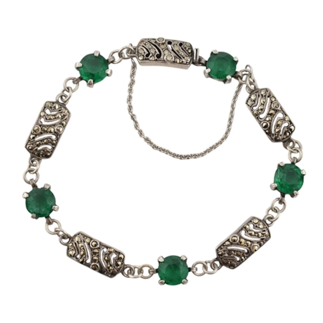A French silver and green stone Art Deco bracelet. Alternati...