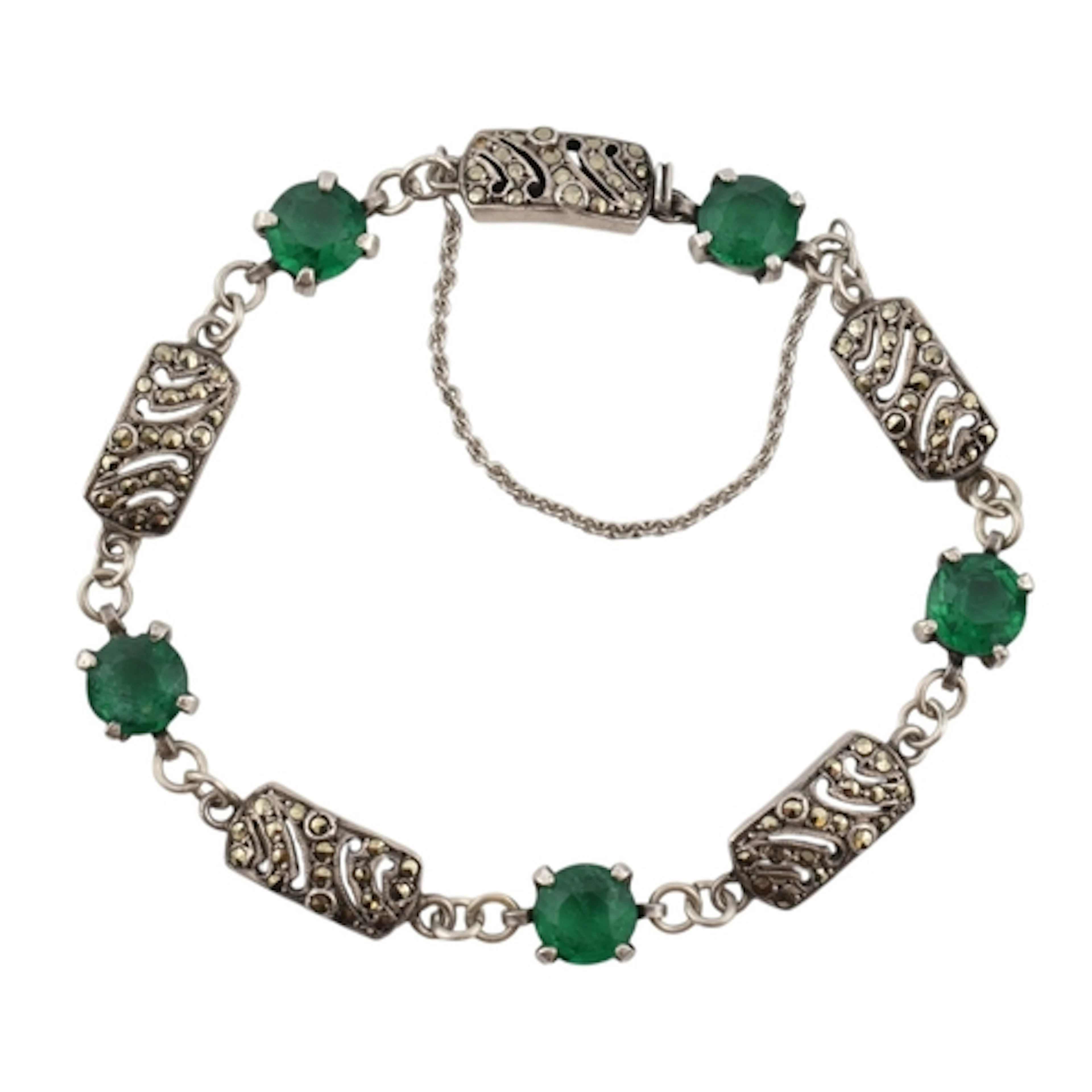 A French silver and green stone Art Deco bracelet. Alternati...