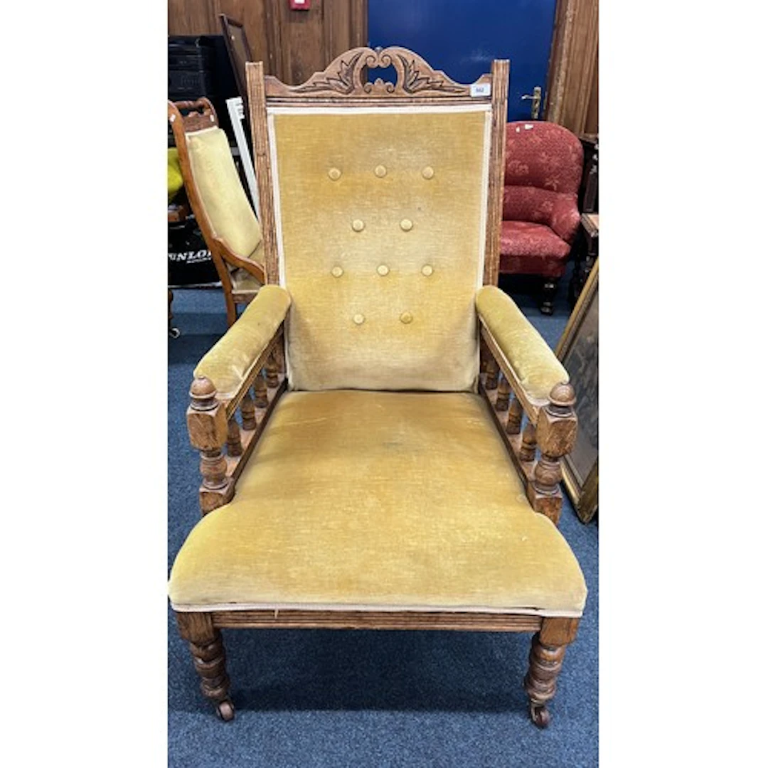 Antique oak framed parlour lounge chair, upholstered in yell...