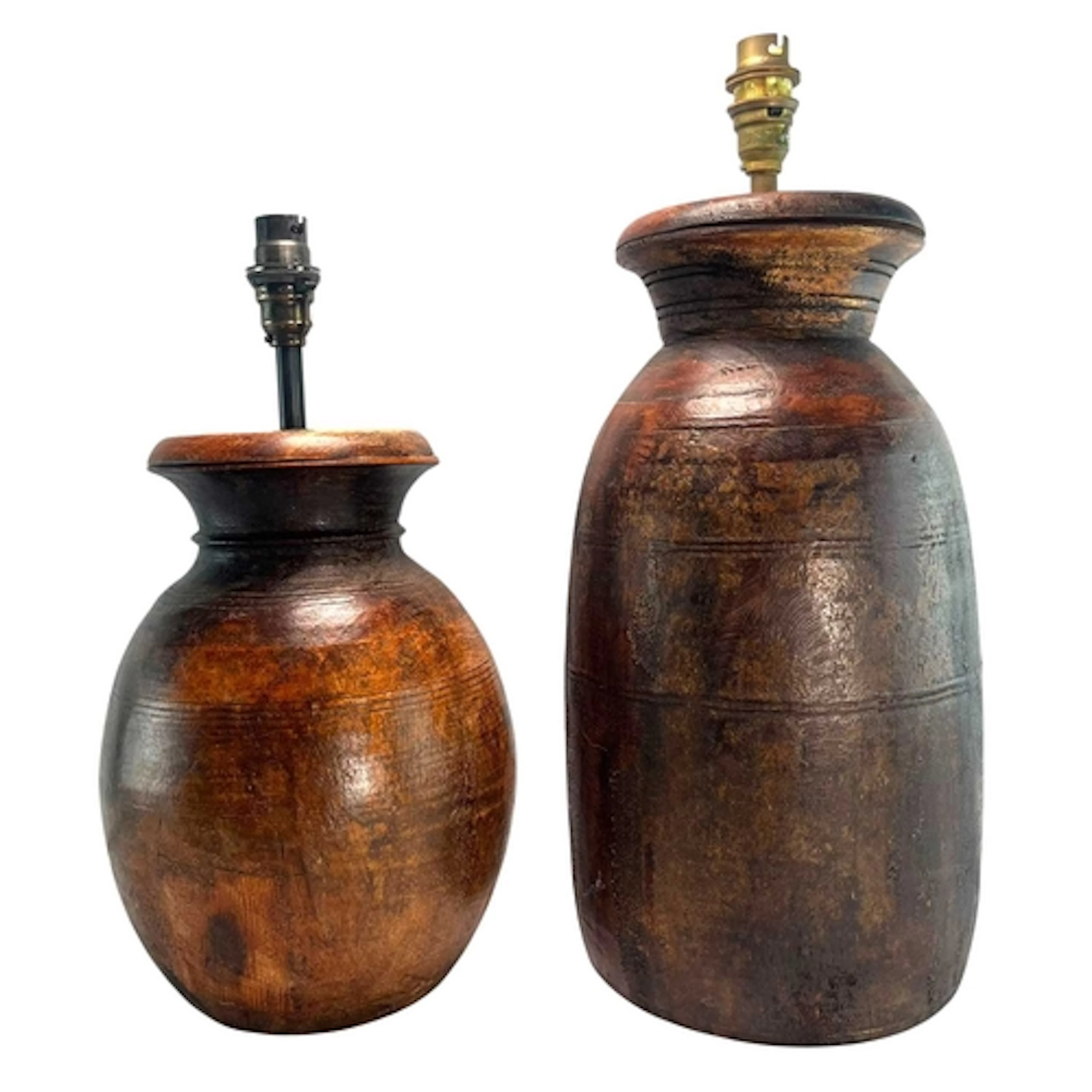 A near pair of modern rustic wood table lamp lights. Each of...