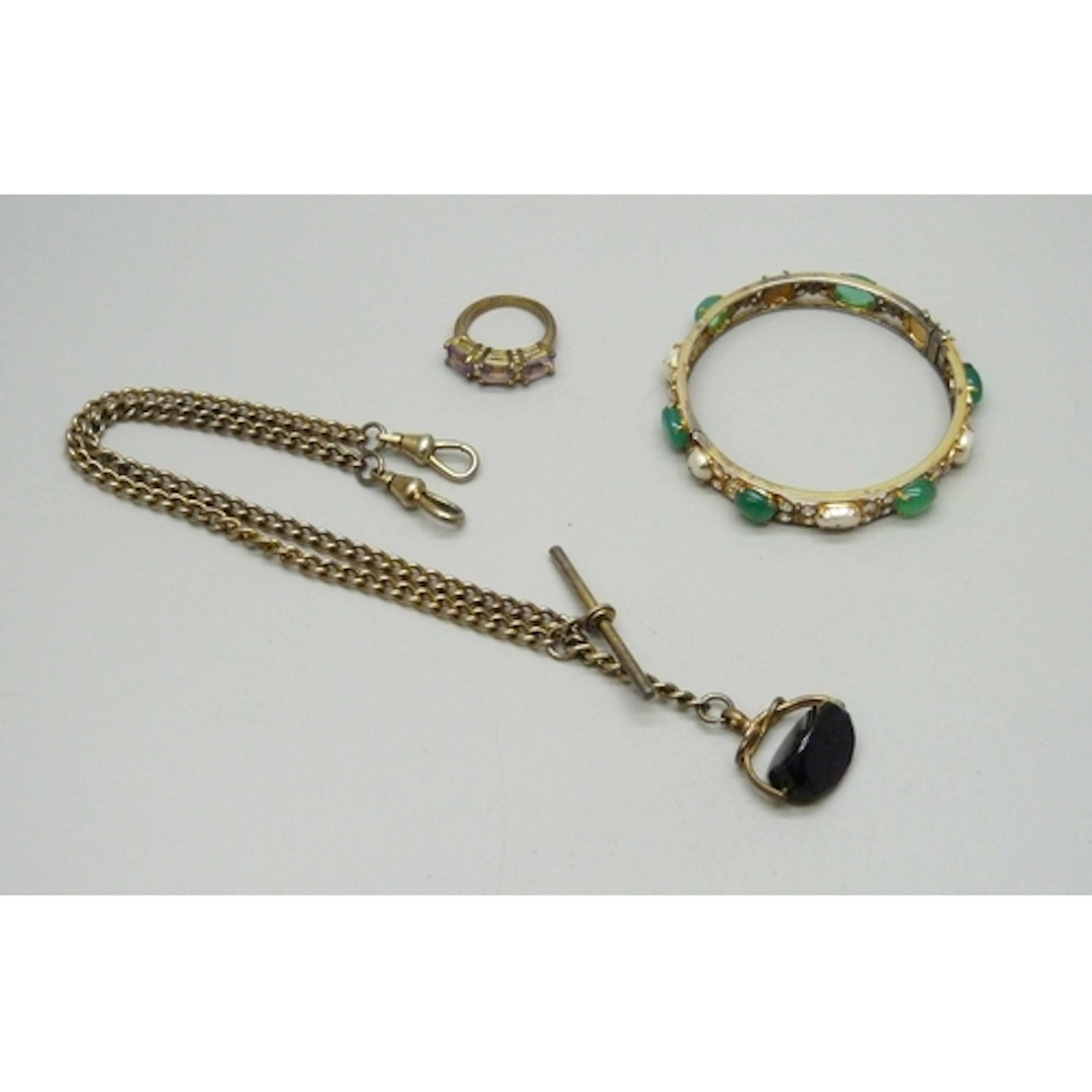 A gilt metal Albert chain with fob, a vintage gilt chrysopra...