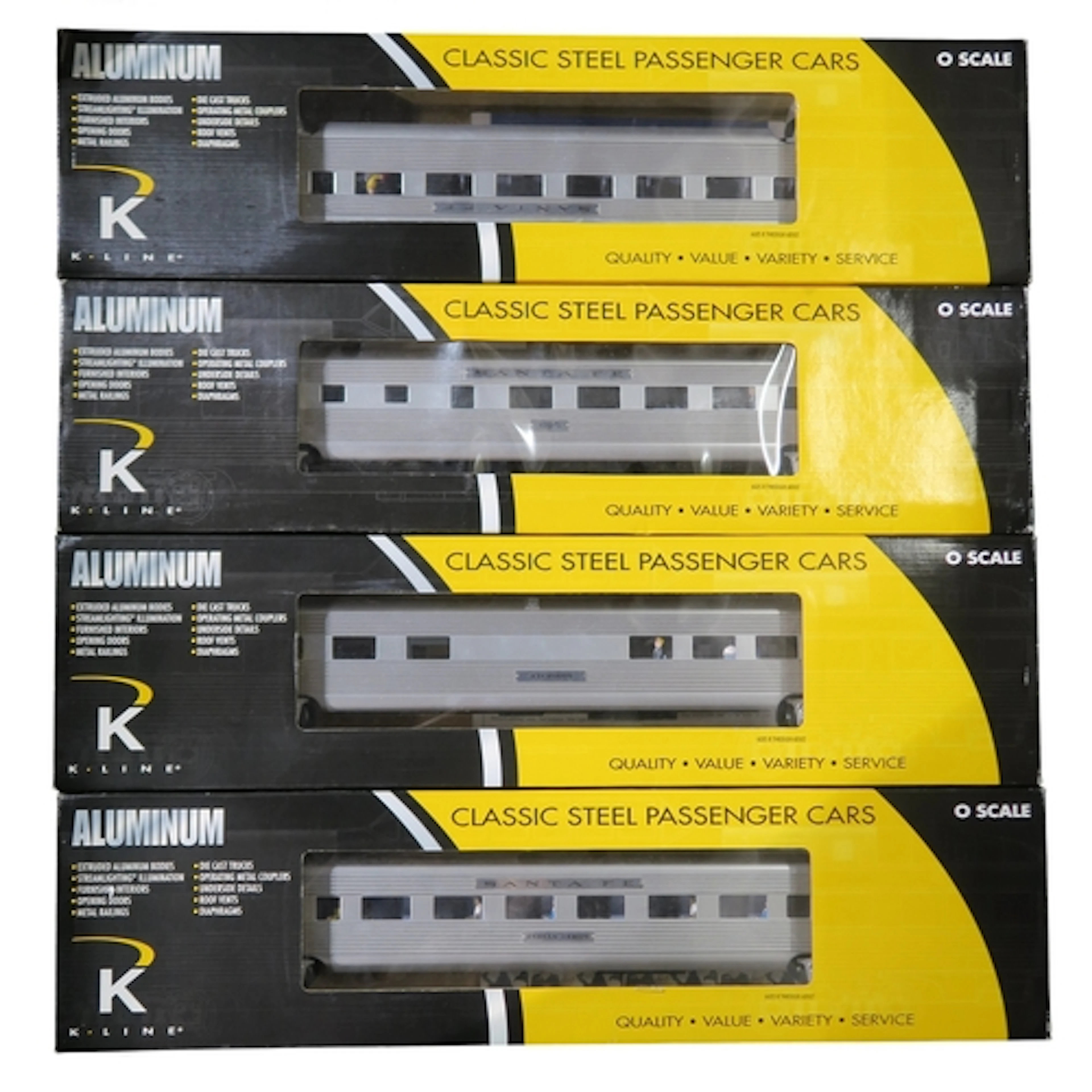 Four K-Line Aluminium 0-gauge American Santa Fe Classic Stee...