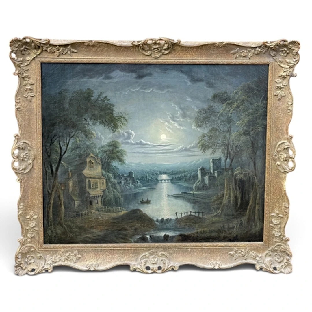 SEBASTIAN PETHER (BRITISH 1790-1844): A RIVER SCENE BY MOONL...