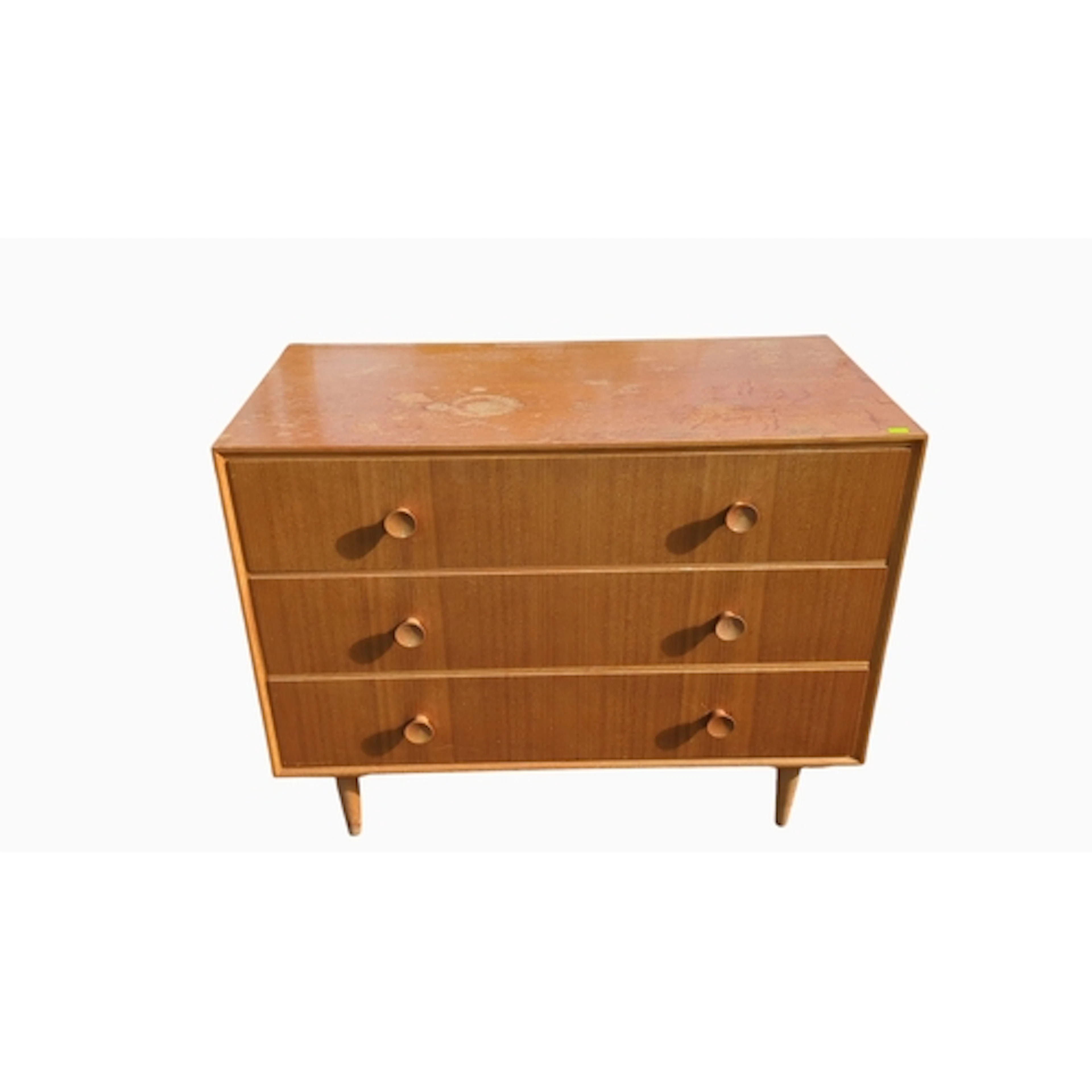 Mid-century teak-veneered chest of three drawers, each with ...