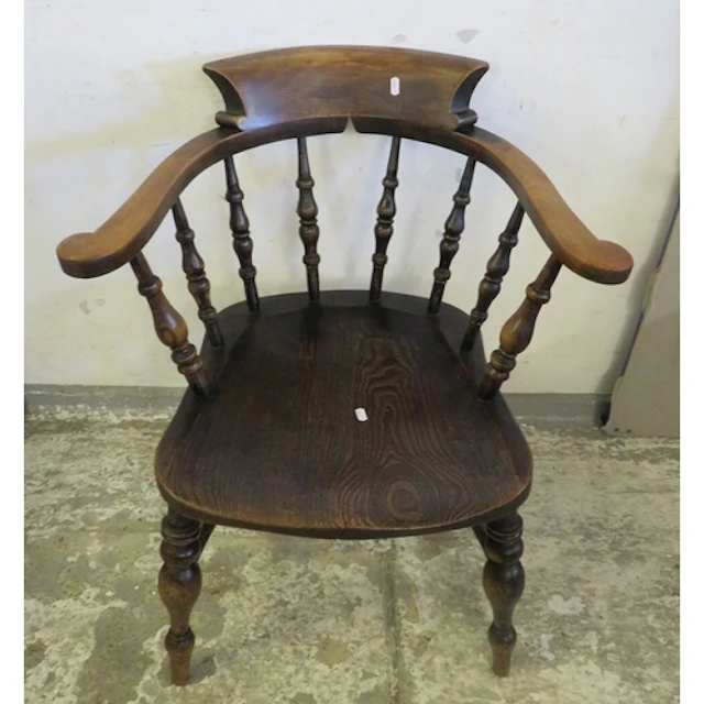Dark Hardwood Smokers Bow Chair, turned columns, spindle bac...