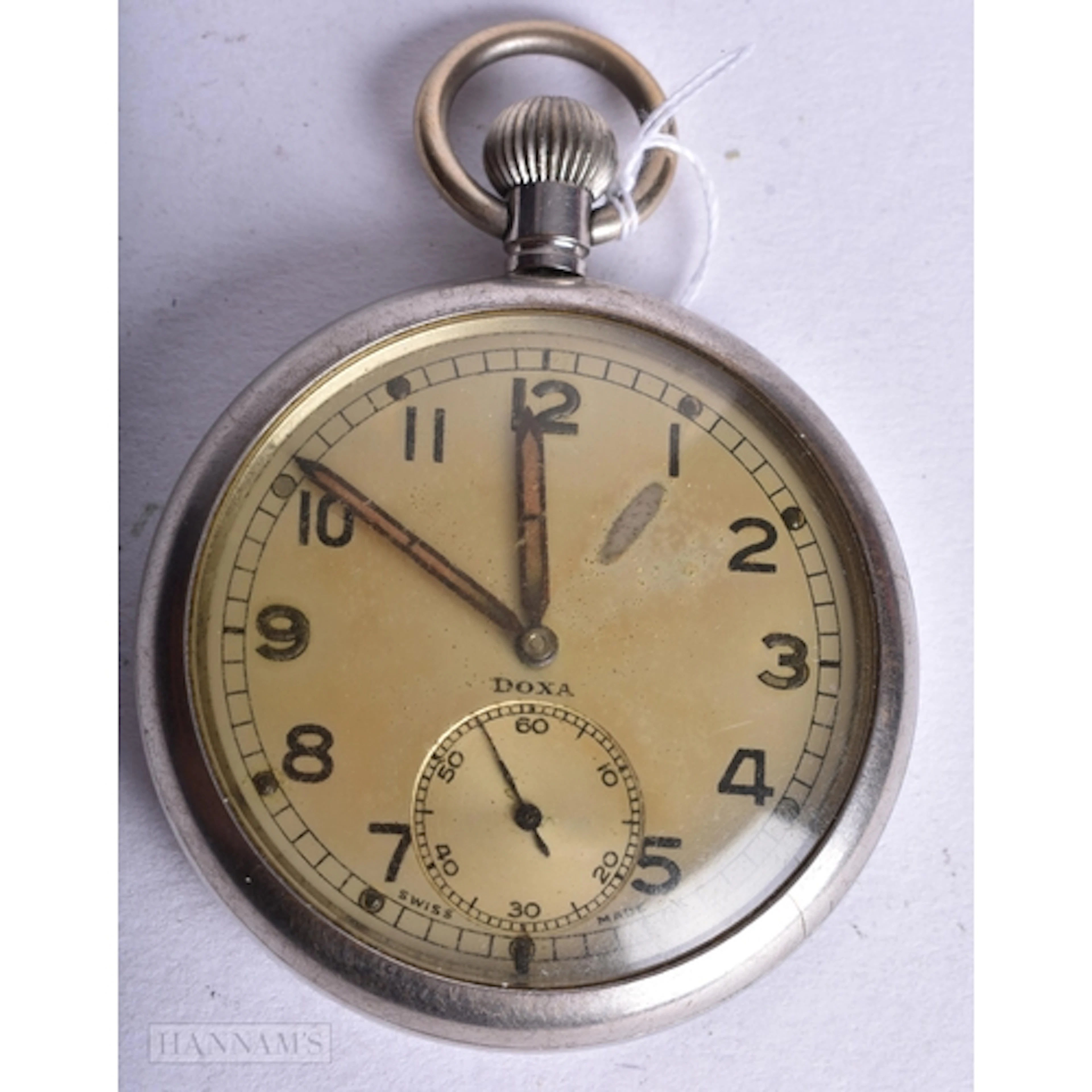A MILITARY DOXA GSTP POCKET WATCH. Running. 5 cm wide.